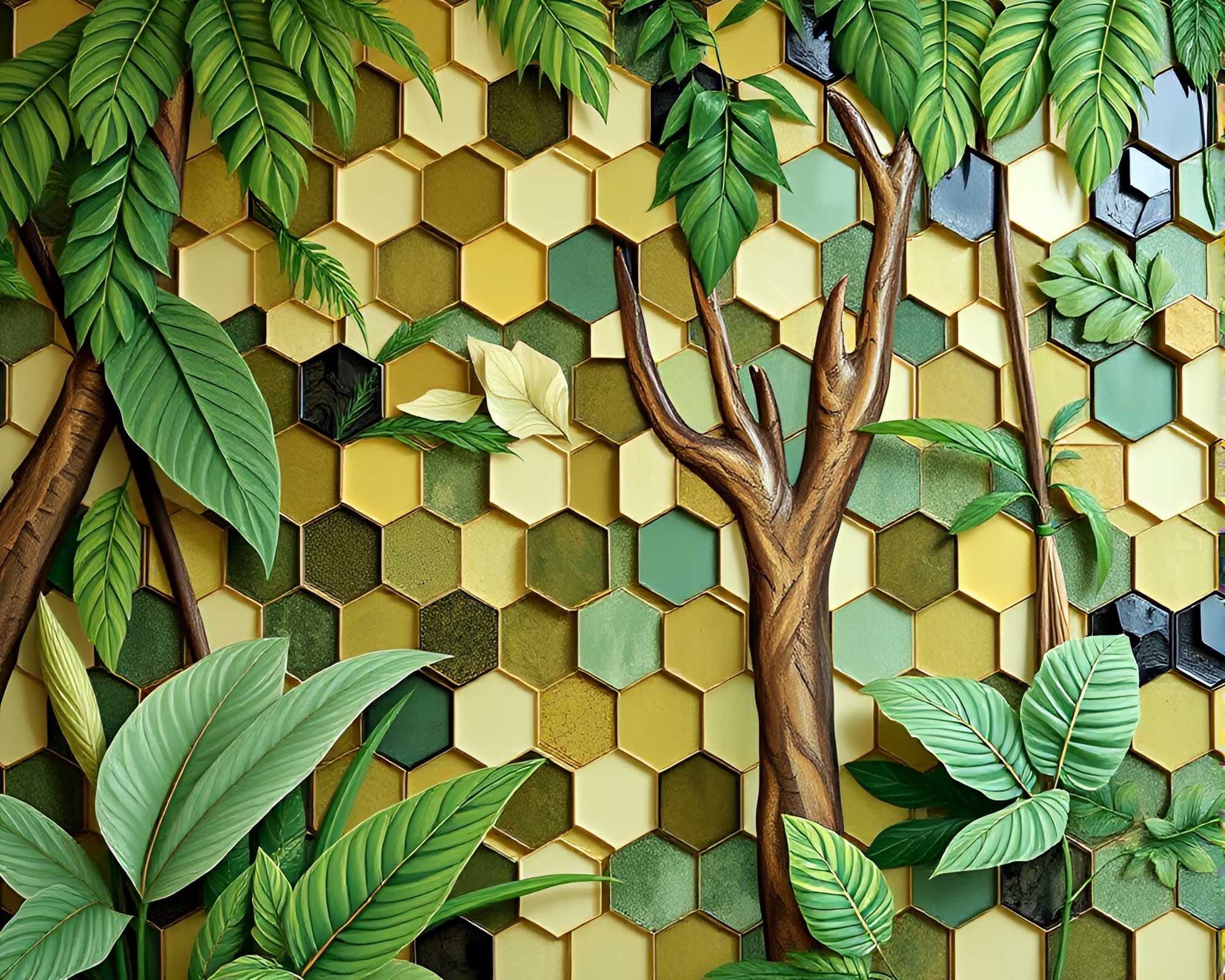 Hexagonal Gelato: Jungle Canopy Impasto Art – free AI stock image