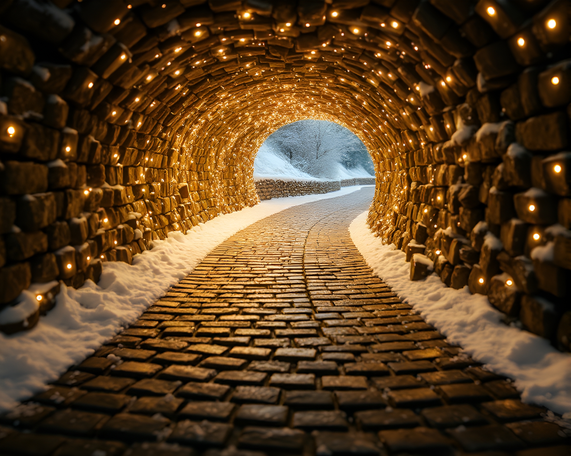 Mosaic Wormhole Generator on Snow-Kissed Cobblestone Path – free AI stock image