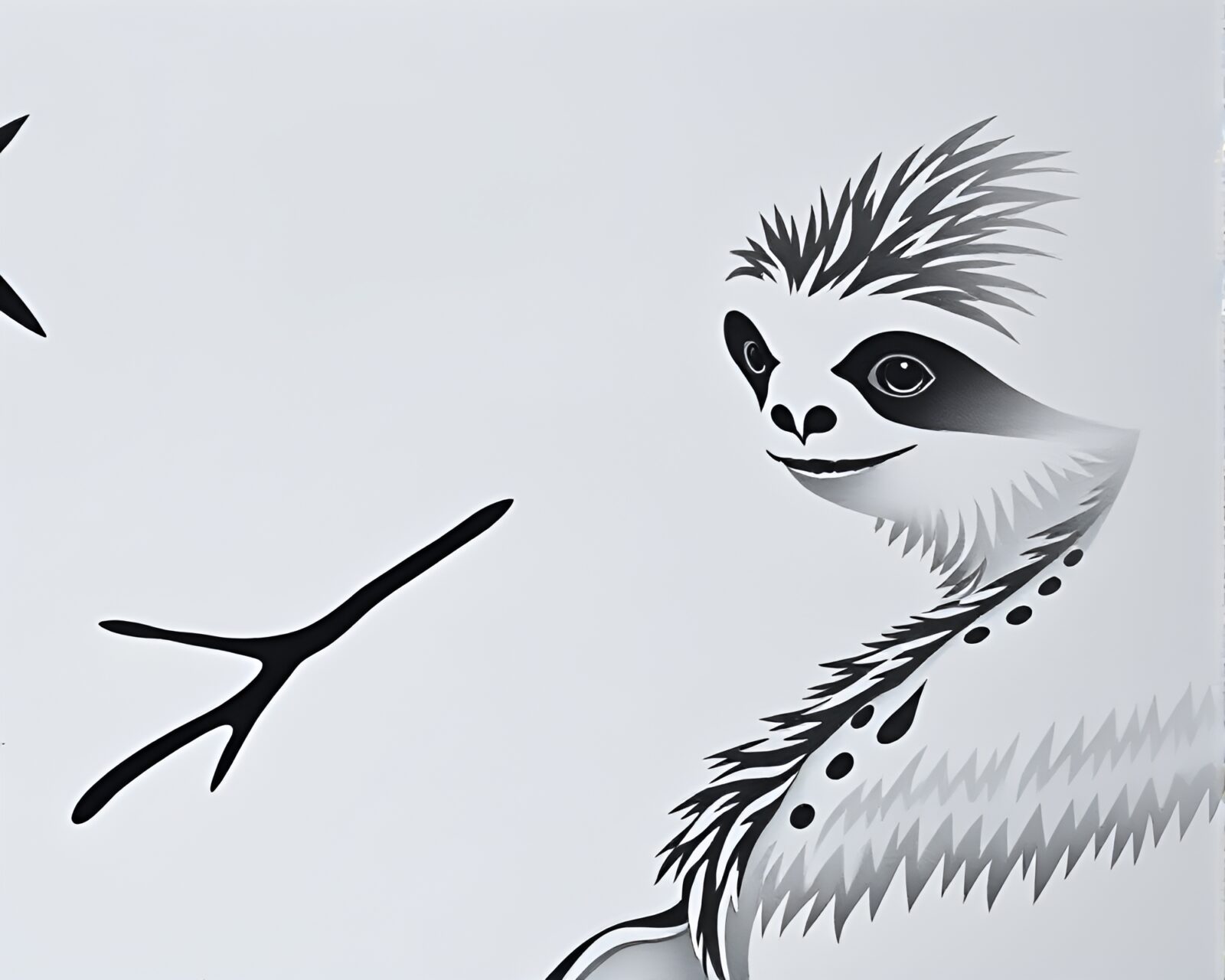 Black and white sloth surrounded by paper textures in torchlight