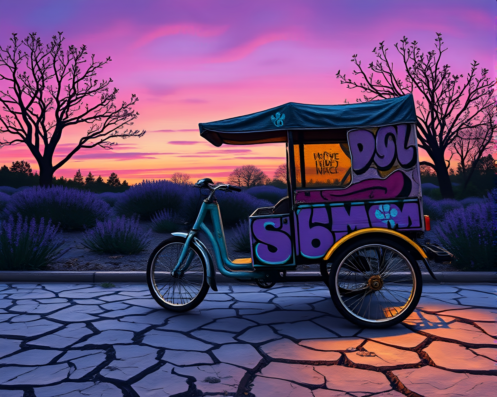 Rickshaw Journey through Lavender Twilight on Cracked Earth – free AI stock image