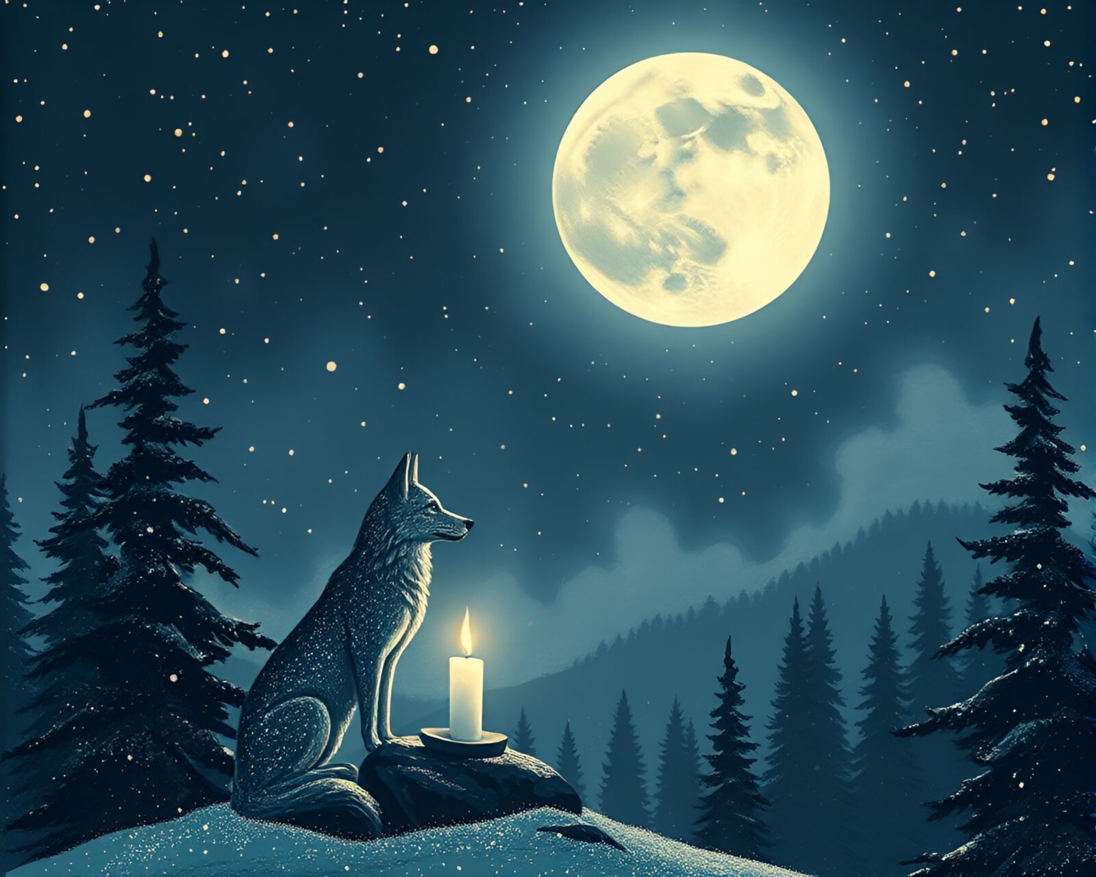 Ethereal view of a wolf under moonlight and candle glow