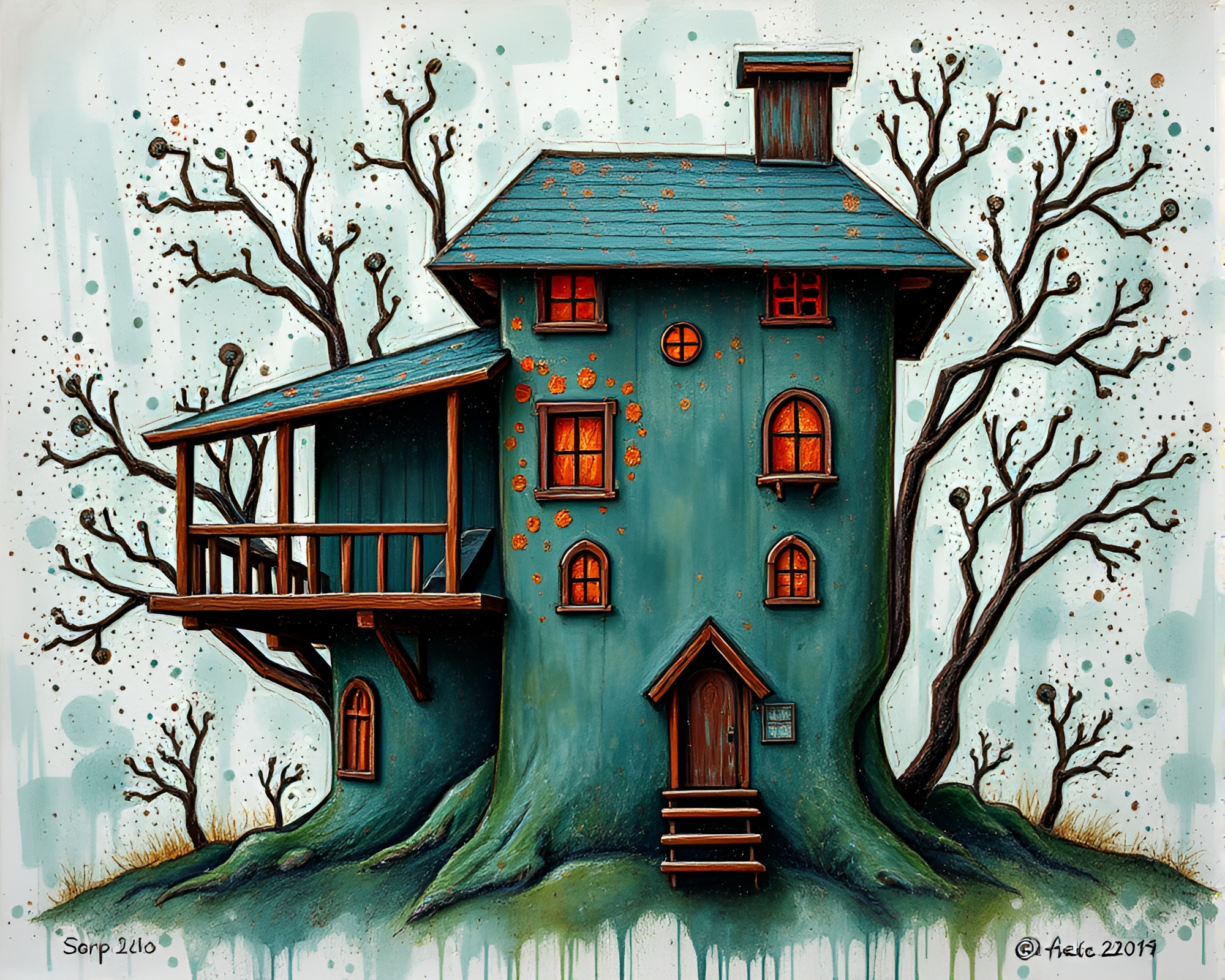 Verdigris Treehouse in Splatter Palette – free AI stock image