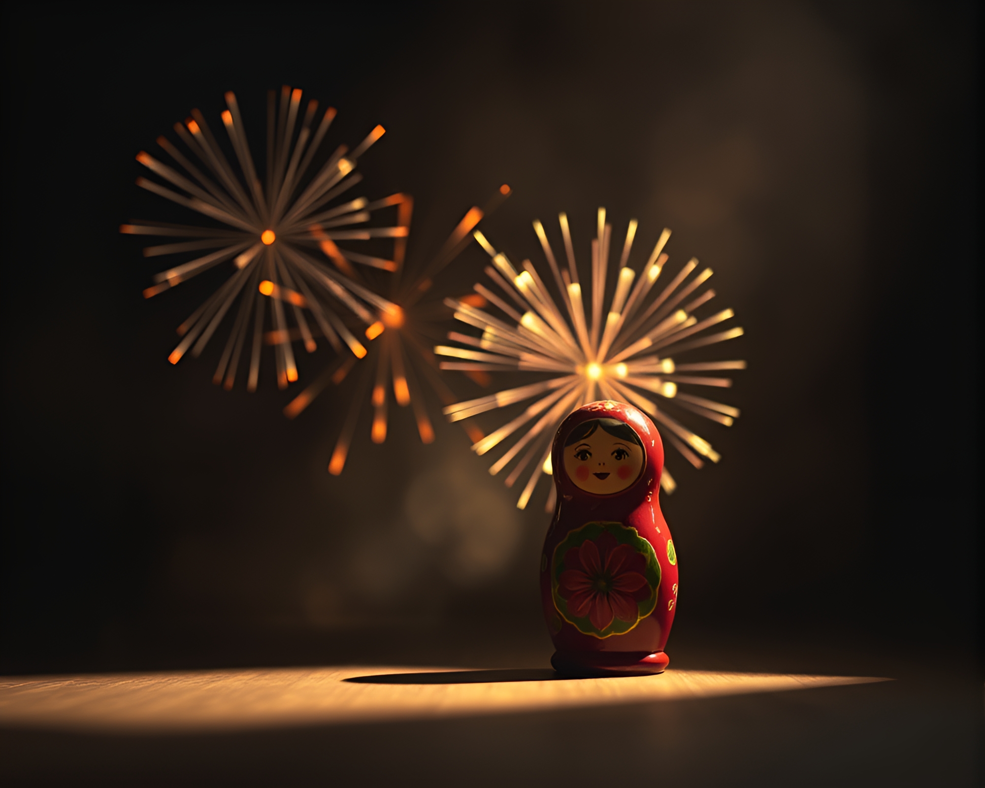 Matryoshka Doll Fireworks Burst in Shadowed Attic – free AI stock image