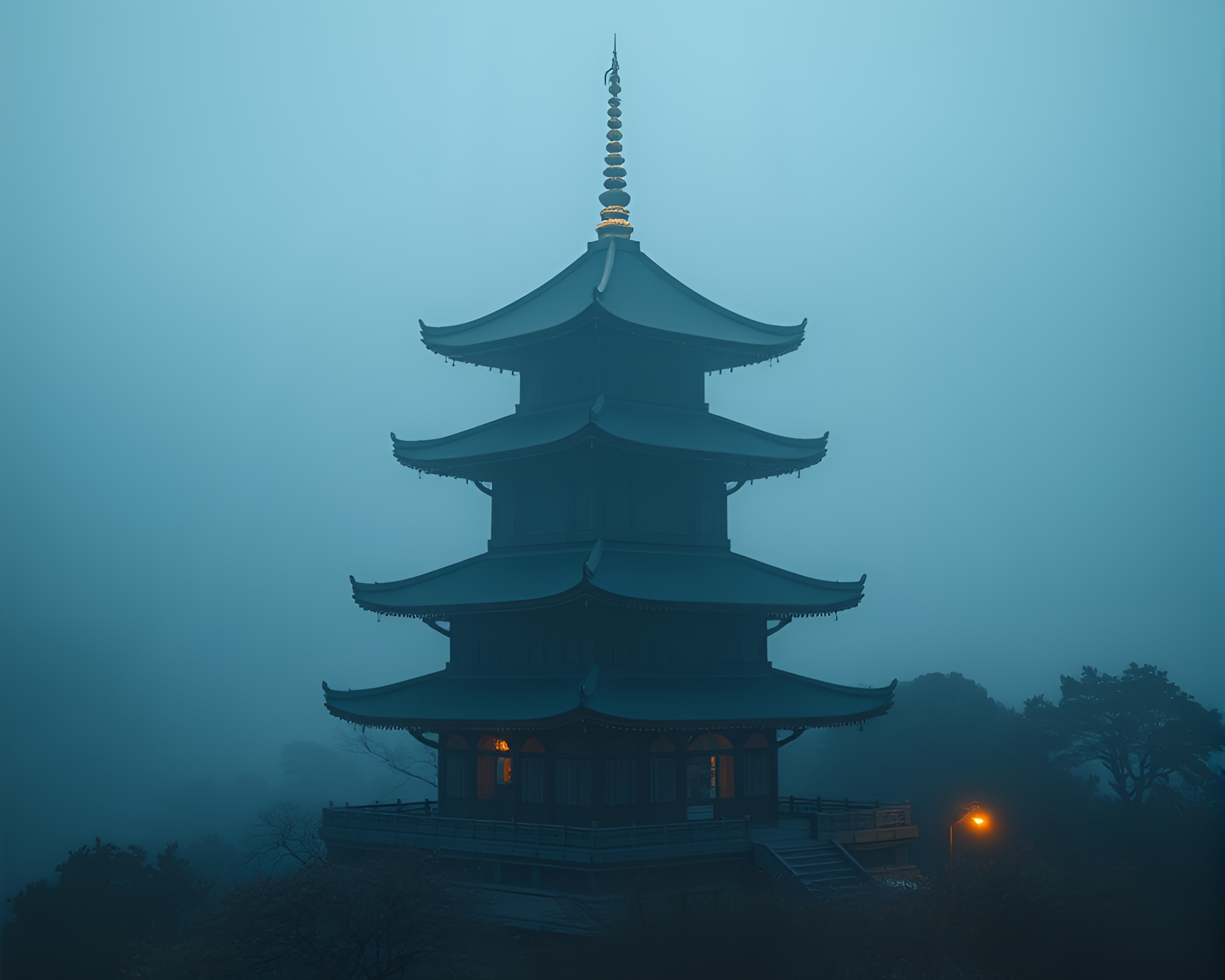 Mystical Pagoda Enshrouded in Sapphire Fog – free AI stock image
