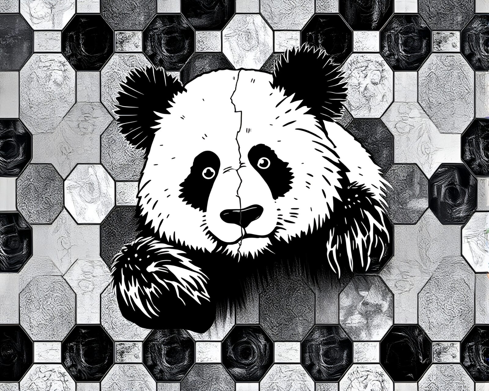 Majestic panda bathed in split-toned light across hexagonal tiles