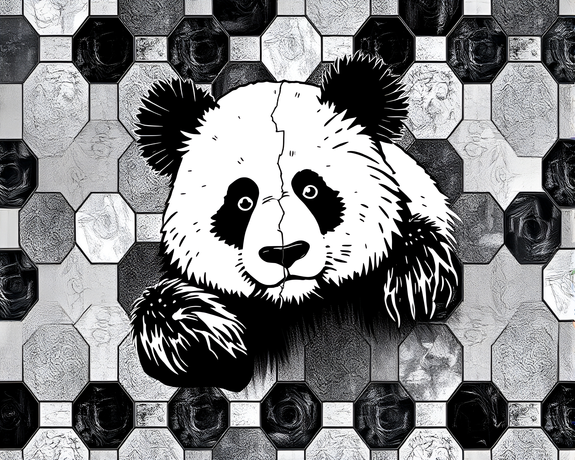 Panda Among Hexagonal Shadows: Tenebrism Split-Tone Fantasy – free AI stock image
