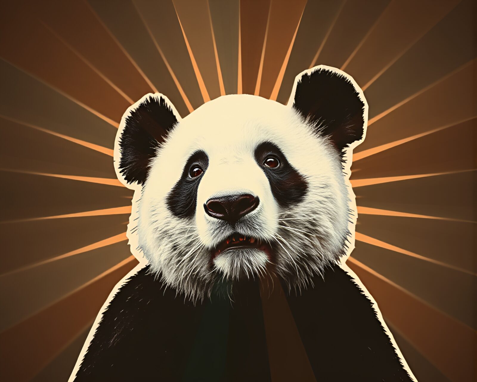 Vibrant panda cutouts arranged in retro style with starburst colors