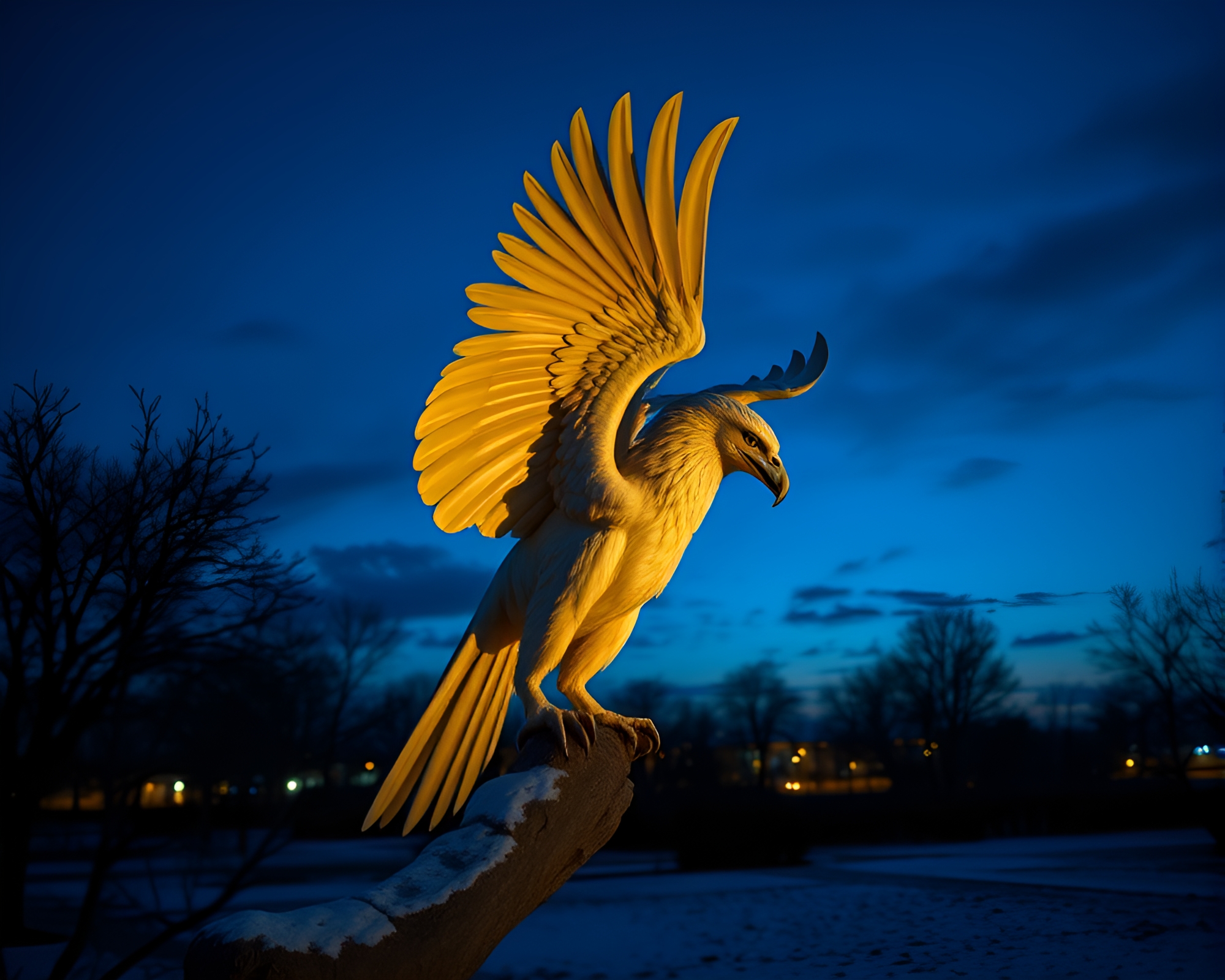 Majestic Gryphon Silhouetted in Blue Hour Skies – free AI stock image