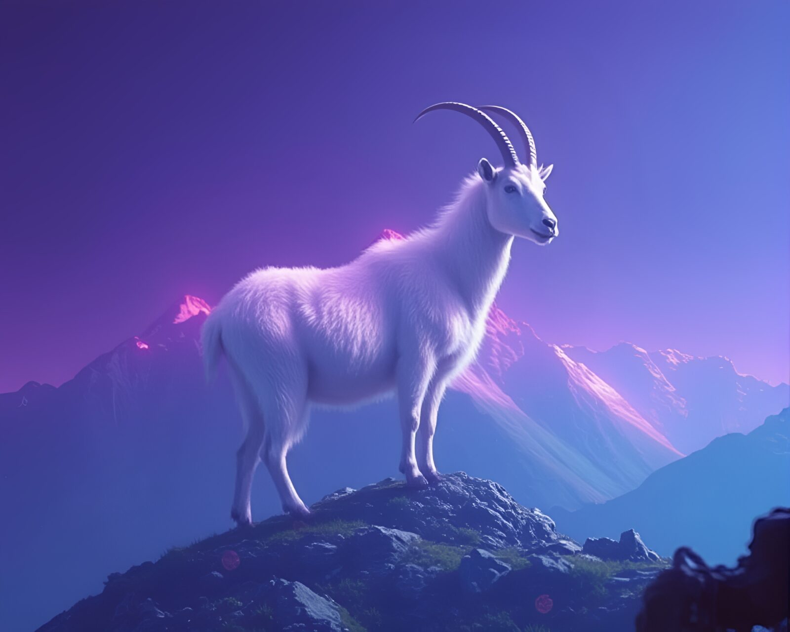 Surreal mountain goat with holographic sheen in retro style
