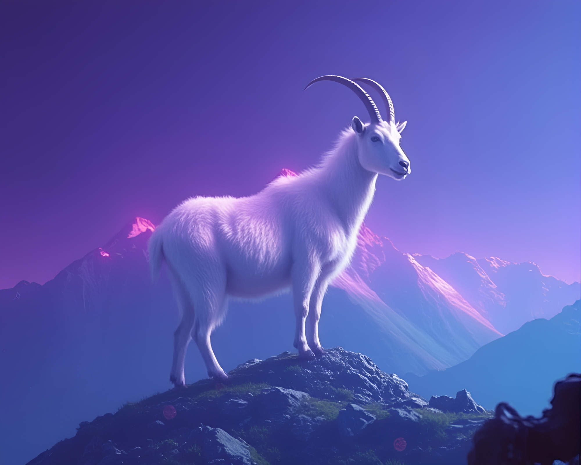 Majestic holographic mountain goat in 80s neon VHS style – free AI stock image