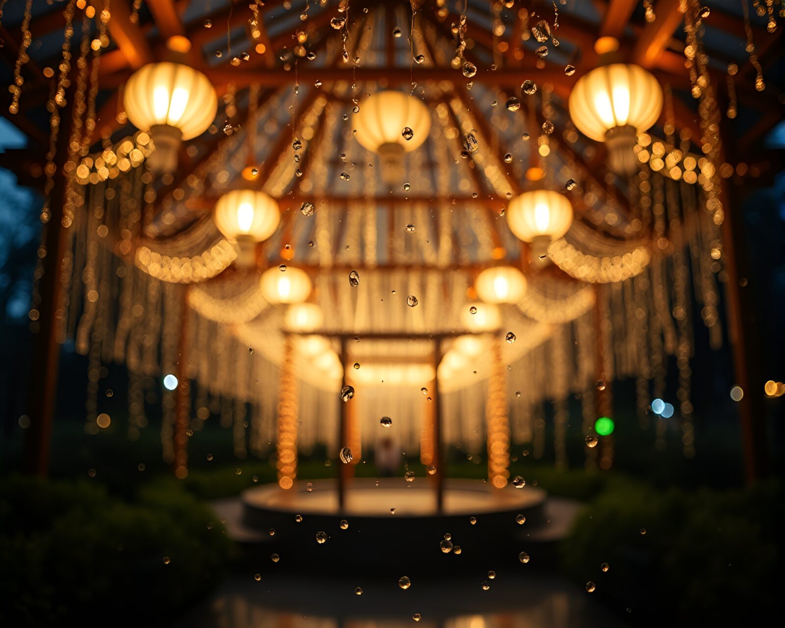 Glistening water drops on floating structure with colorful lights