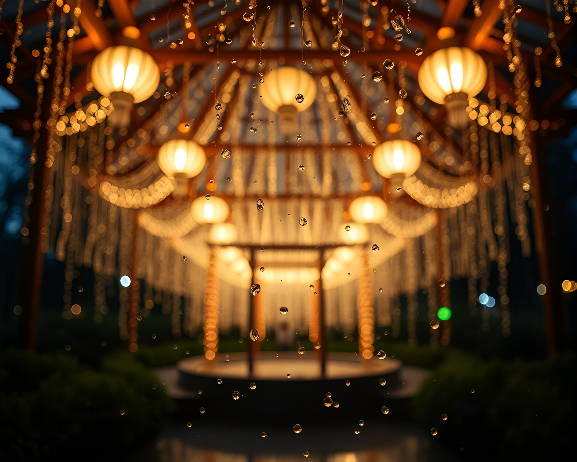 Water Droplet Floating Pavilion in Mosaic Illumination – free AI stock image