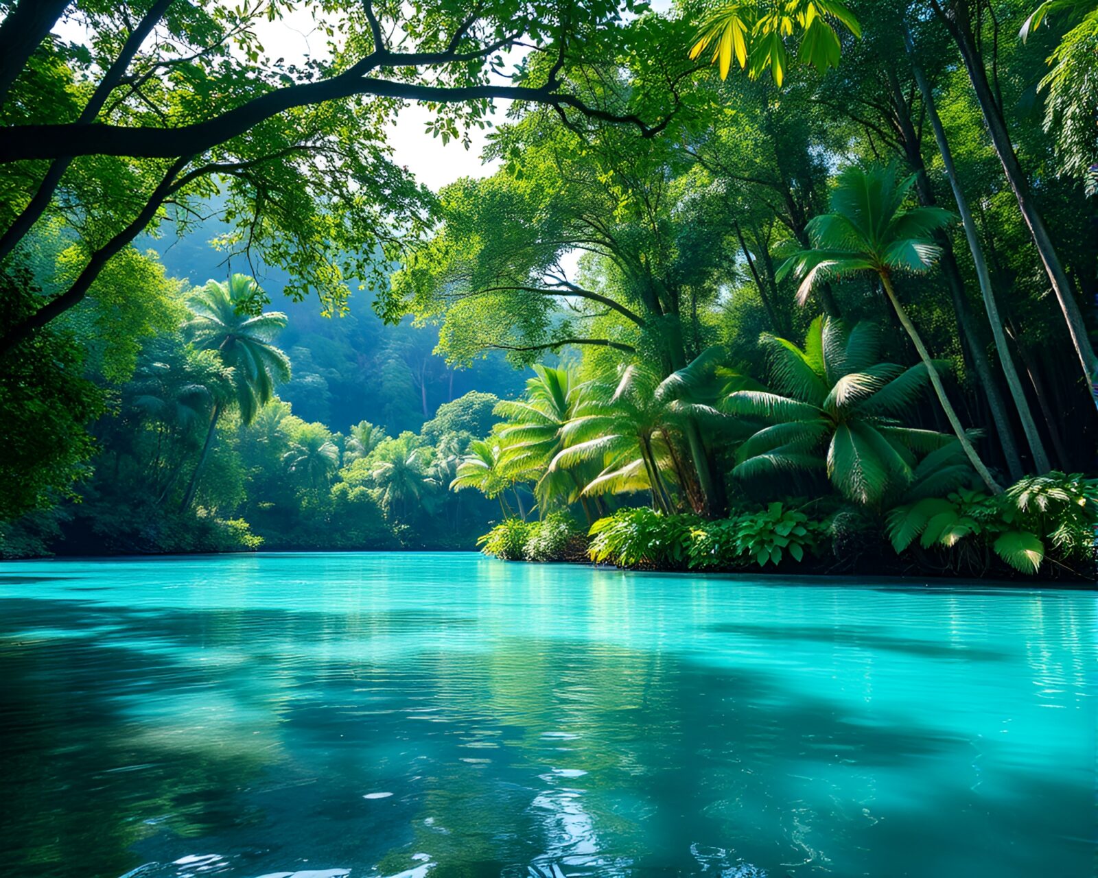 Vivid rainforest canopy with prism refraction in turquoise light