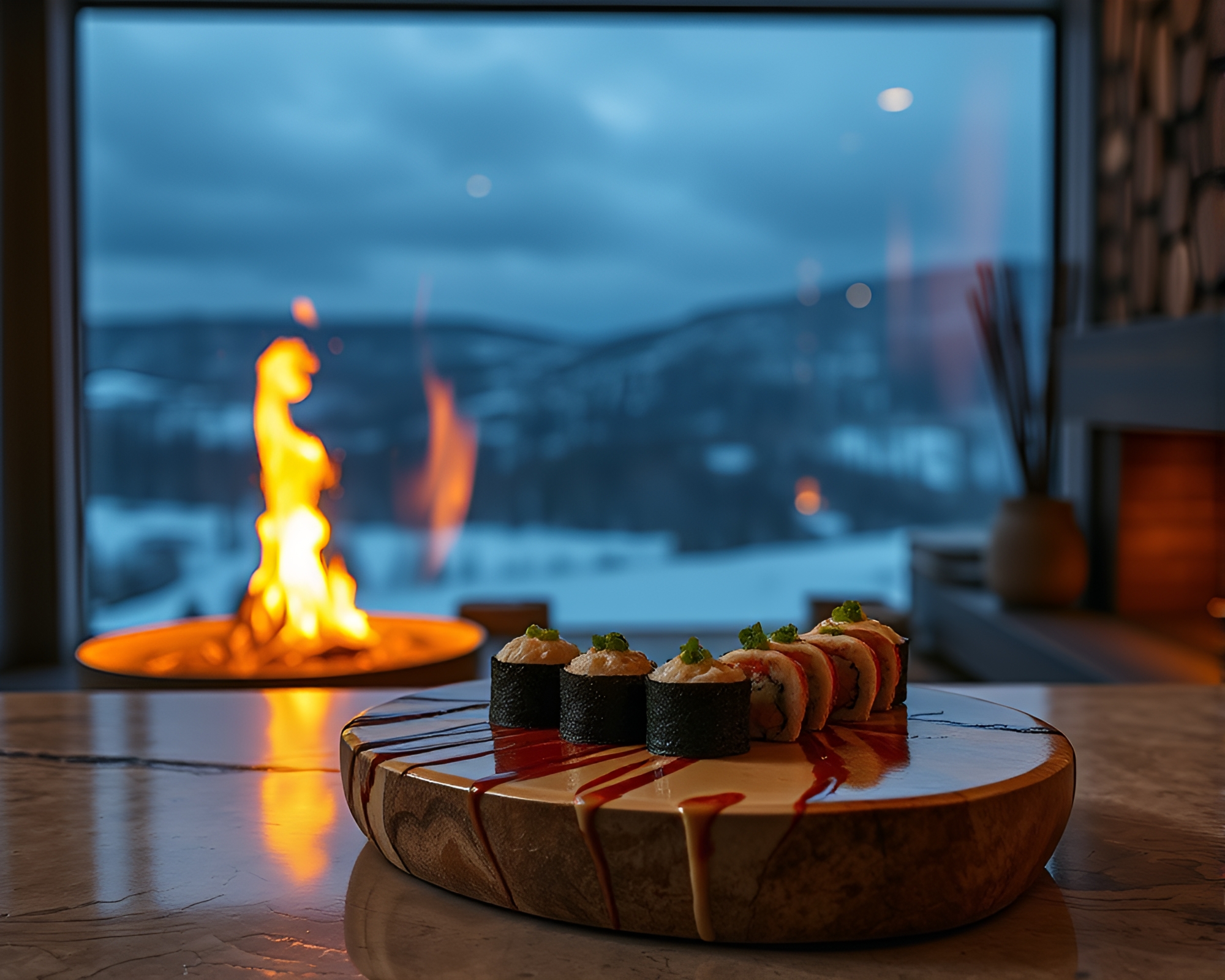 Sushi Feast by Flickering Fireplace in Dripped Paint Style – free AI stock image