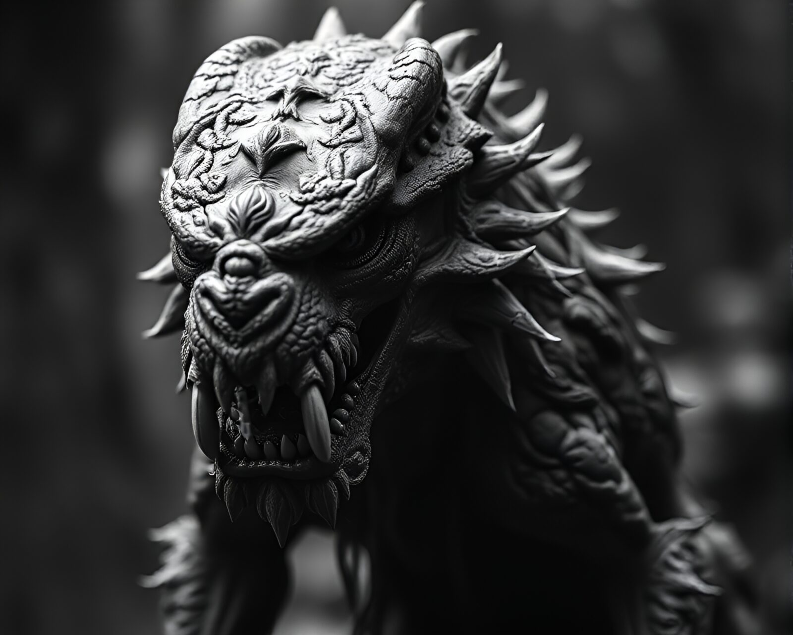 A fantastical scene of a Cerberus with focus stacking and selective color
