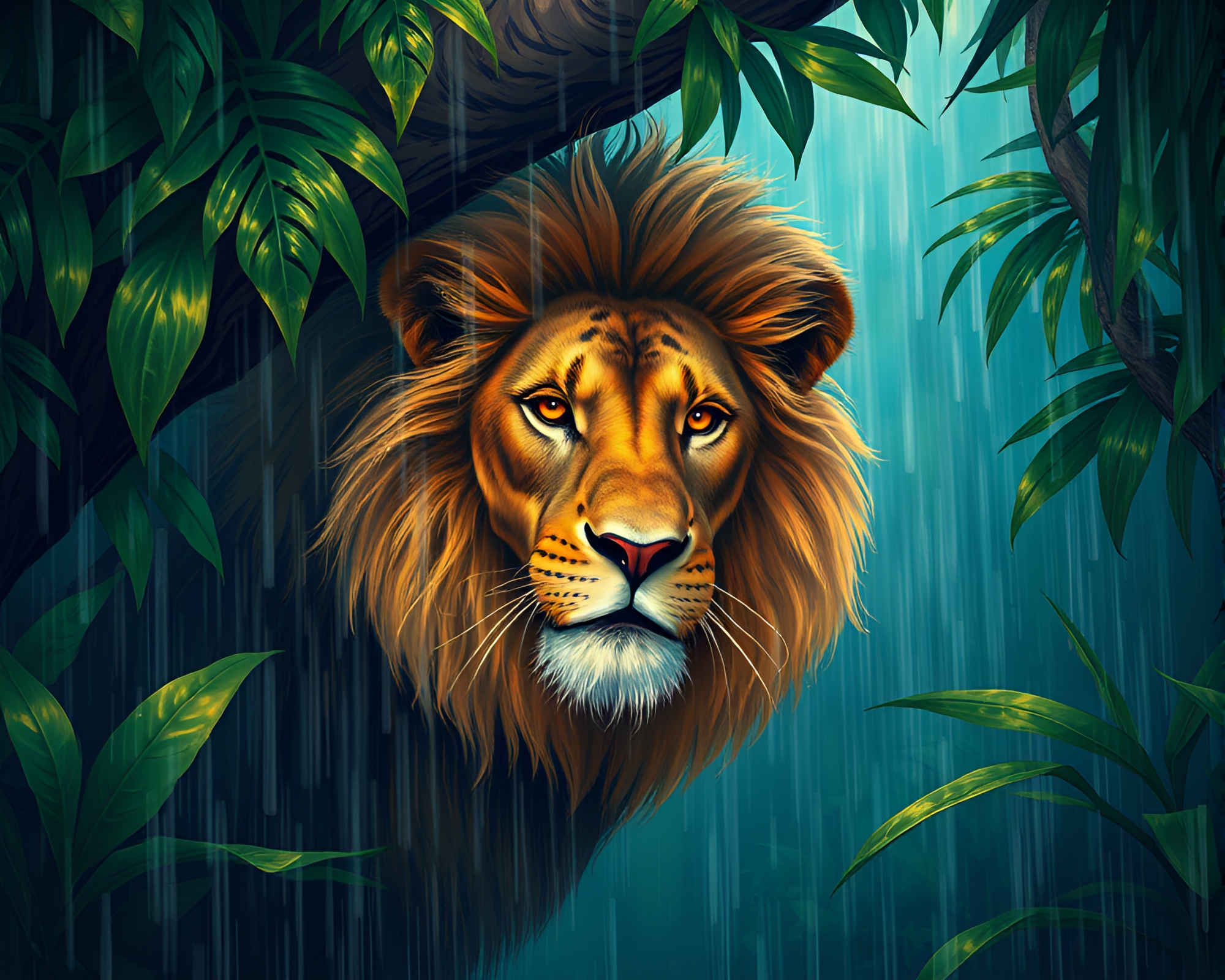 Lion Roaming Amid Jungle Rain Droplets – free AI stock image