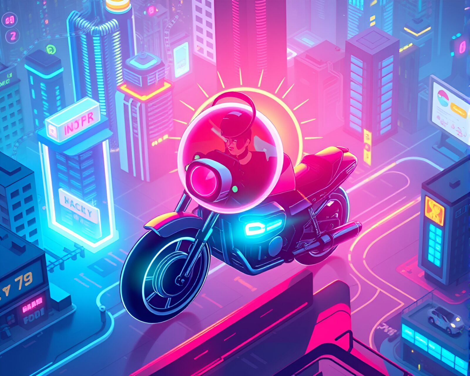 Isometric illustration of a futuristic hoverbike in a neon cityscape
