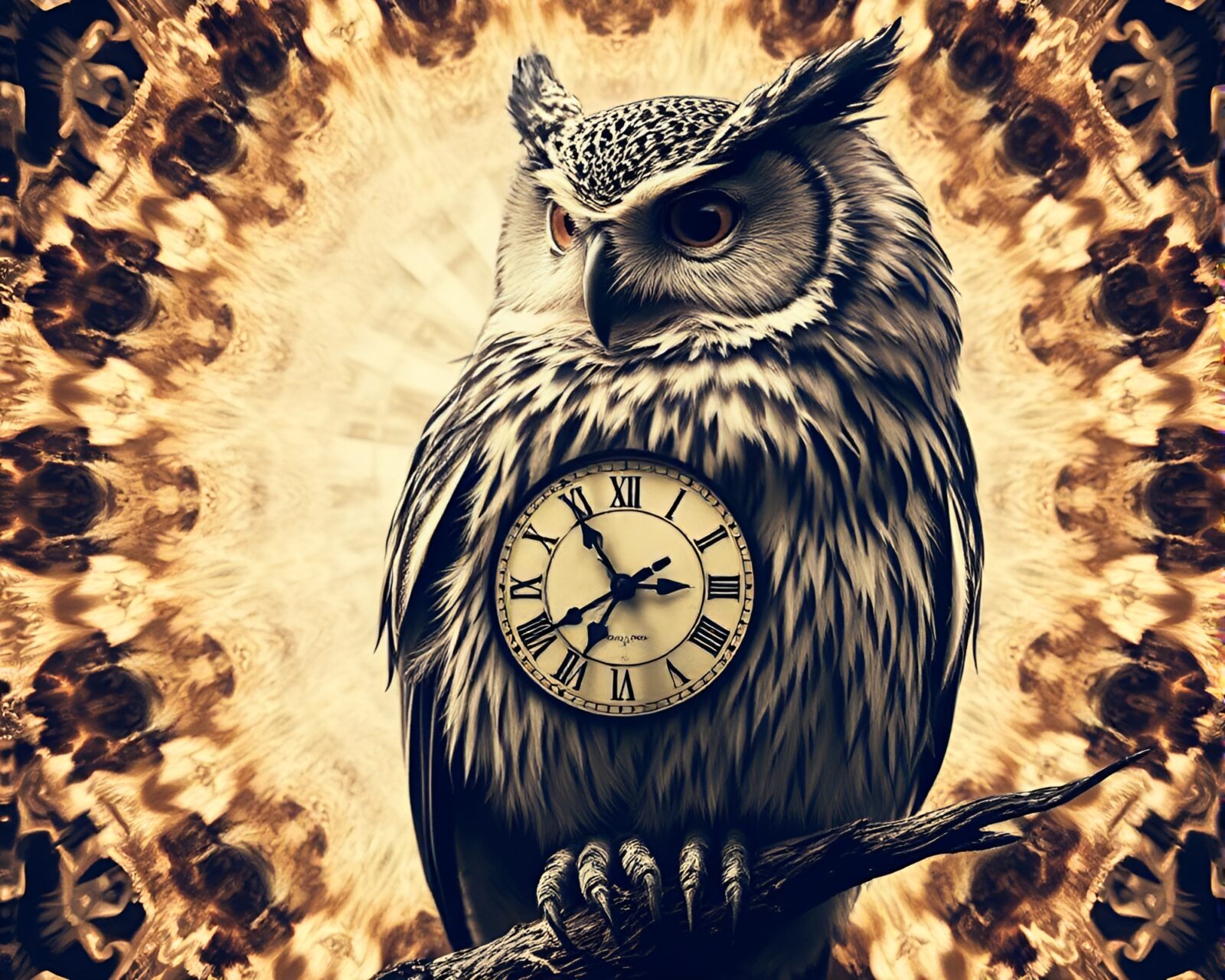 Clockwork owl with intricate gears in enchanting sepia hues