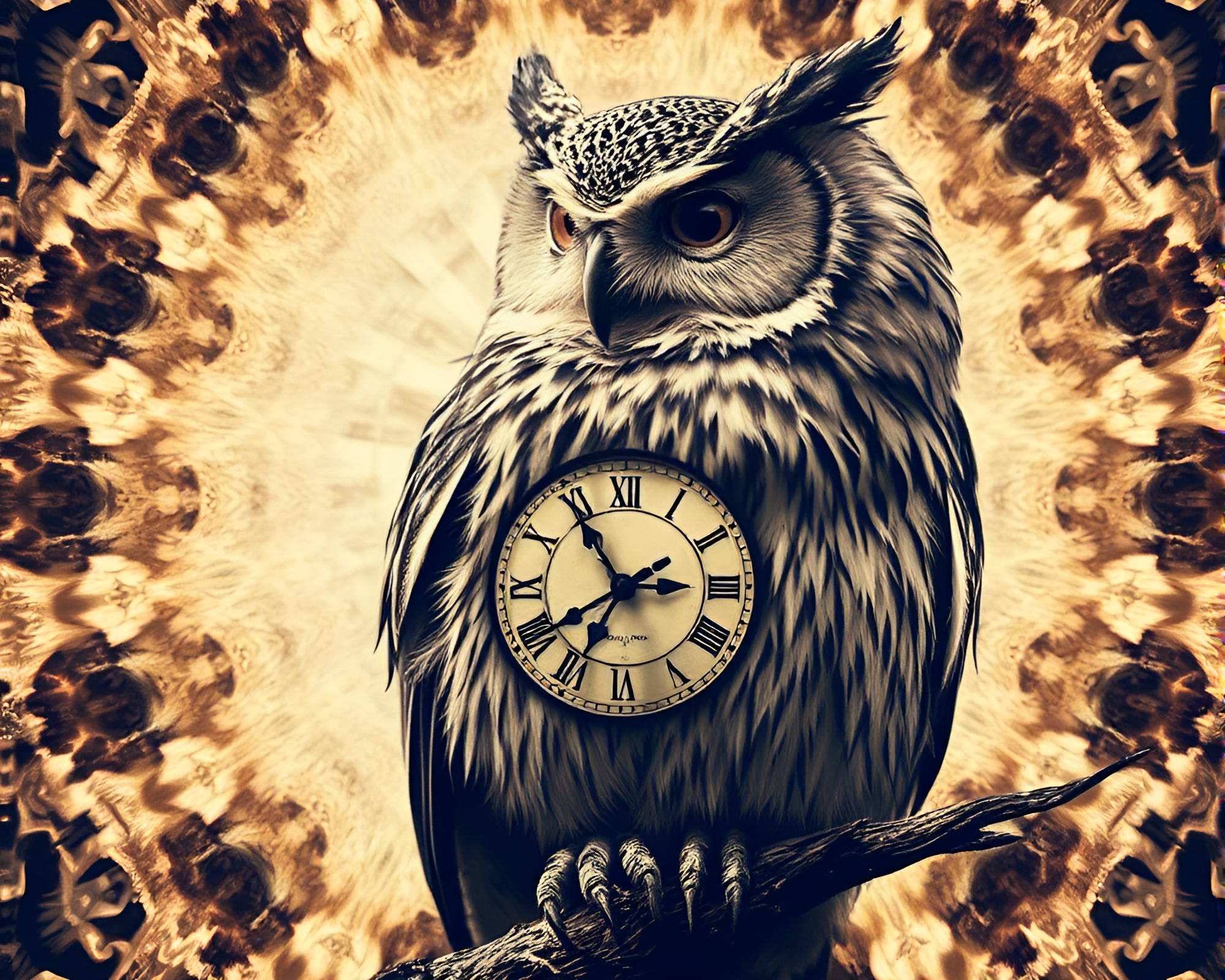 Clockwork Owl in Sepia Tone Kaleidoscope – free AI stock image