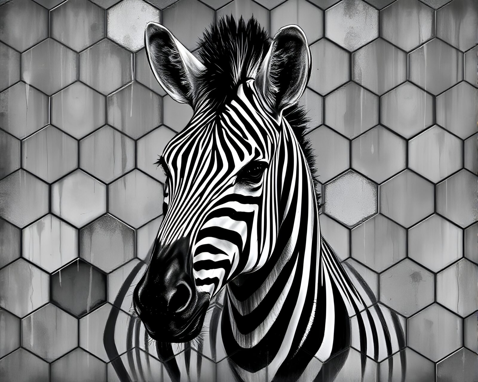 Hexagonal tiling zebra under rainy skies charcoal artwork