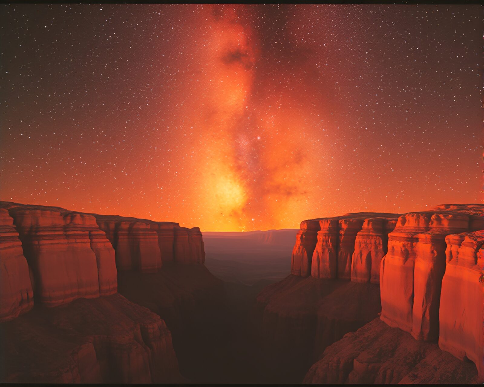 Rust-toned canyon meets cosmic nebula with crosshatching textures