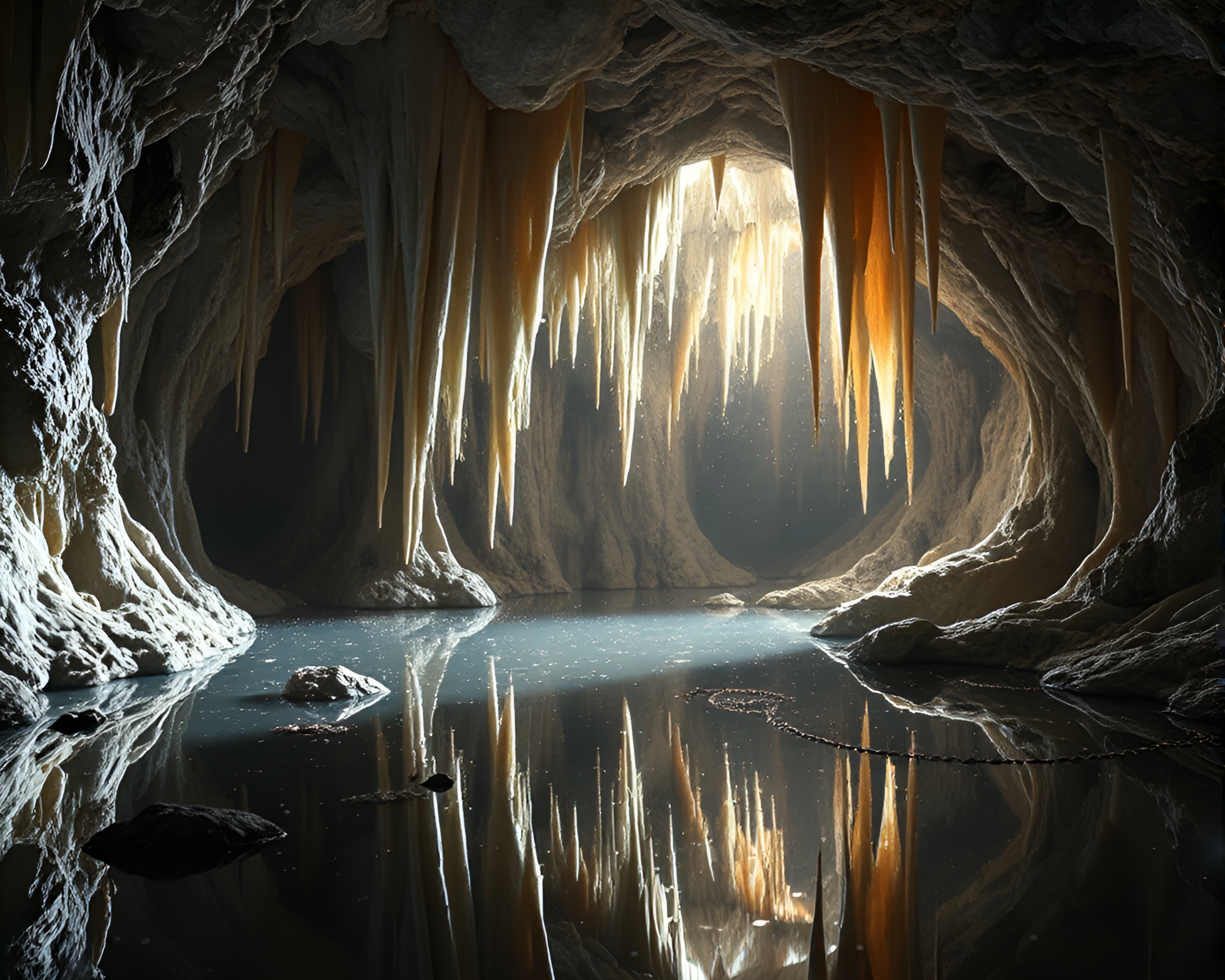 Stalactite Dreamlands: Celestial Cave Reflection – free AI stock image