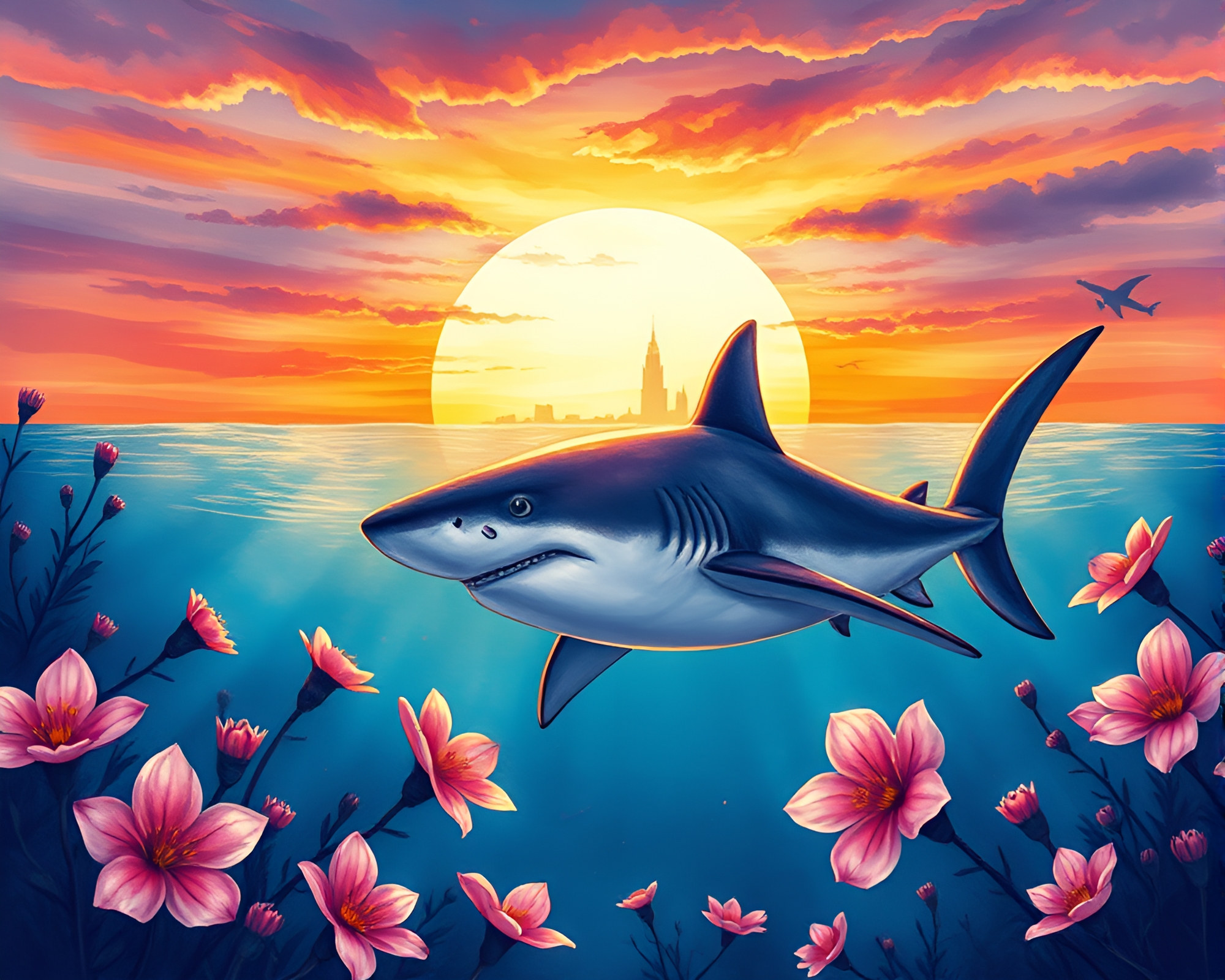 Shark silhouetted at sunset in stunning cel shading – free AI stock image