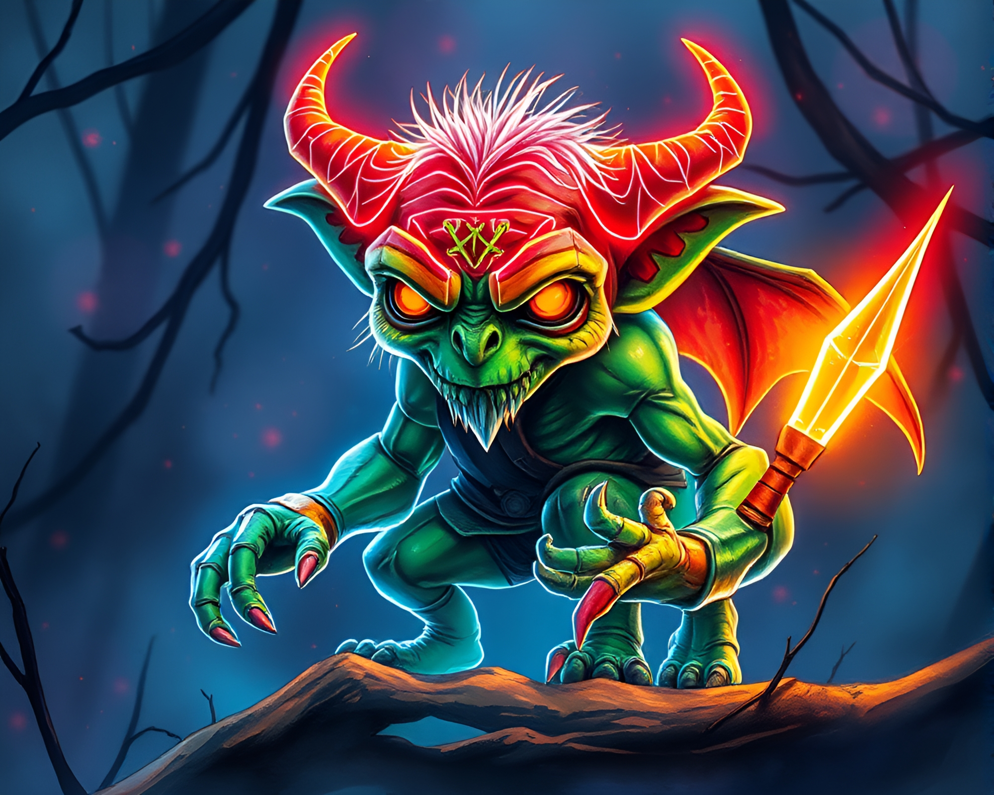 Goblin Torchligh Glow in Neon Wireframe Forest – free AI stock image