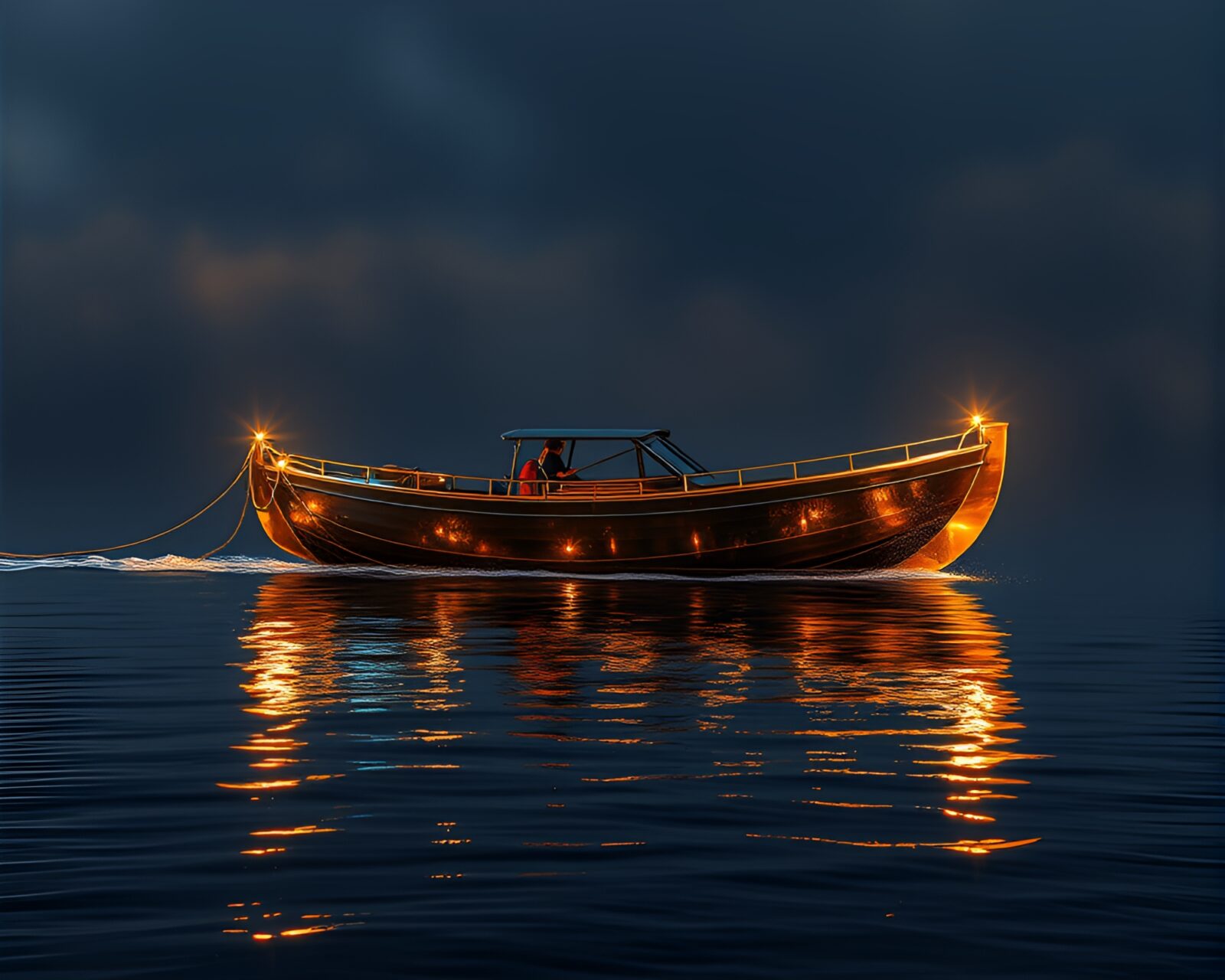 Glistening hydrofoil boat mirrored in double reflection, bathed in bronze hues