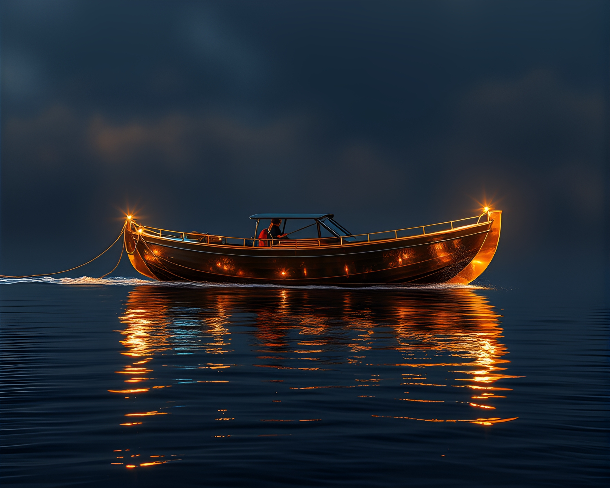 Mesmerizing Hydrofoil Boat Double Reflection in Bronze Lighting – free AI stock image