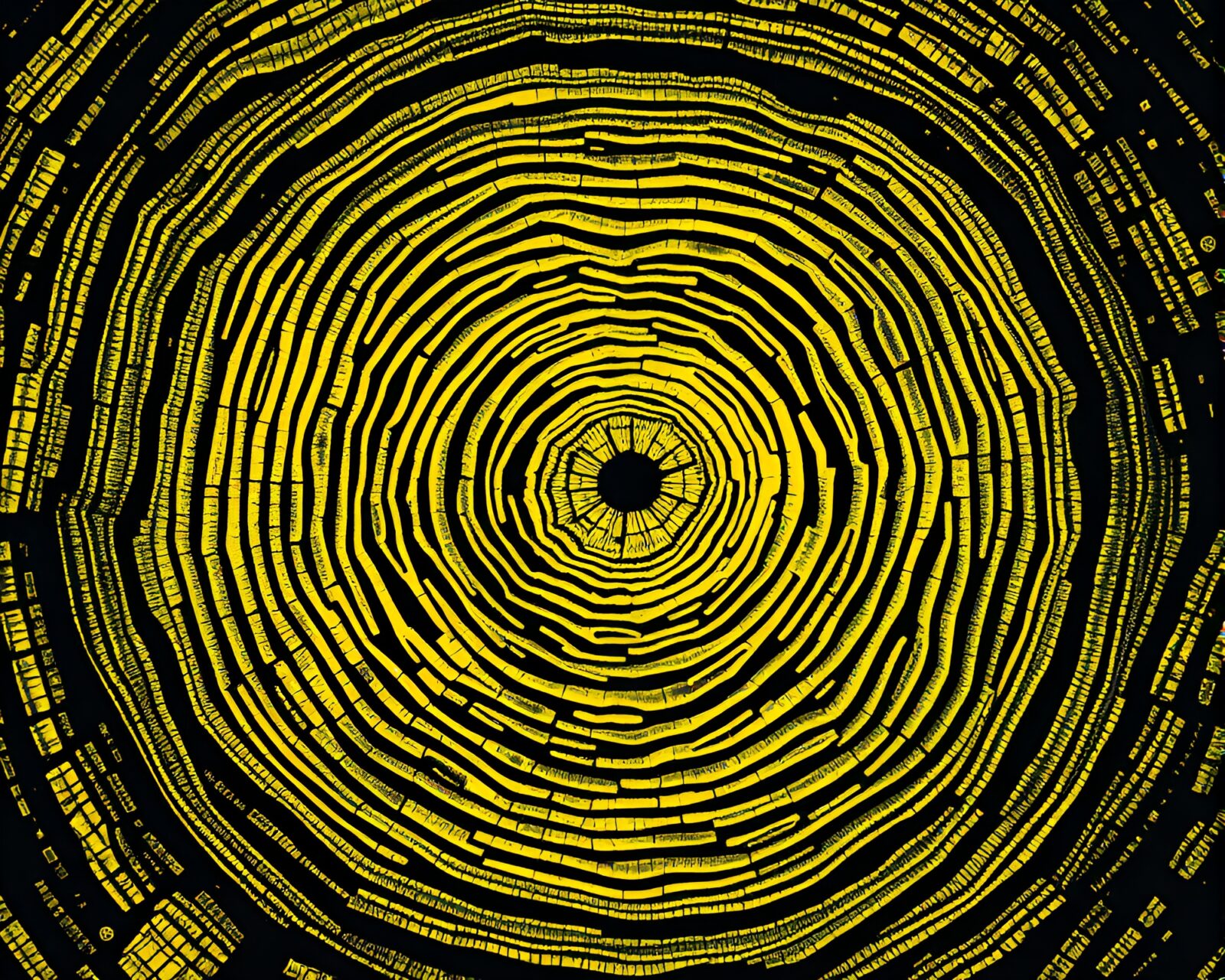 A striking vector art depiction of tree ring patterns in a savage river setting with monochrome yellow tones.