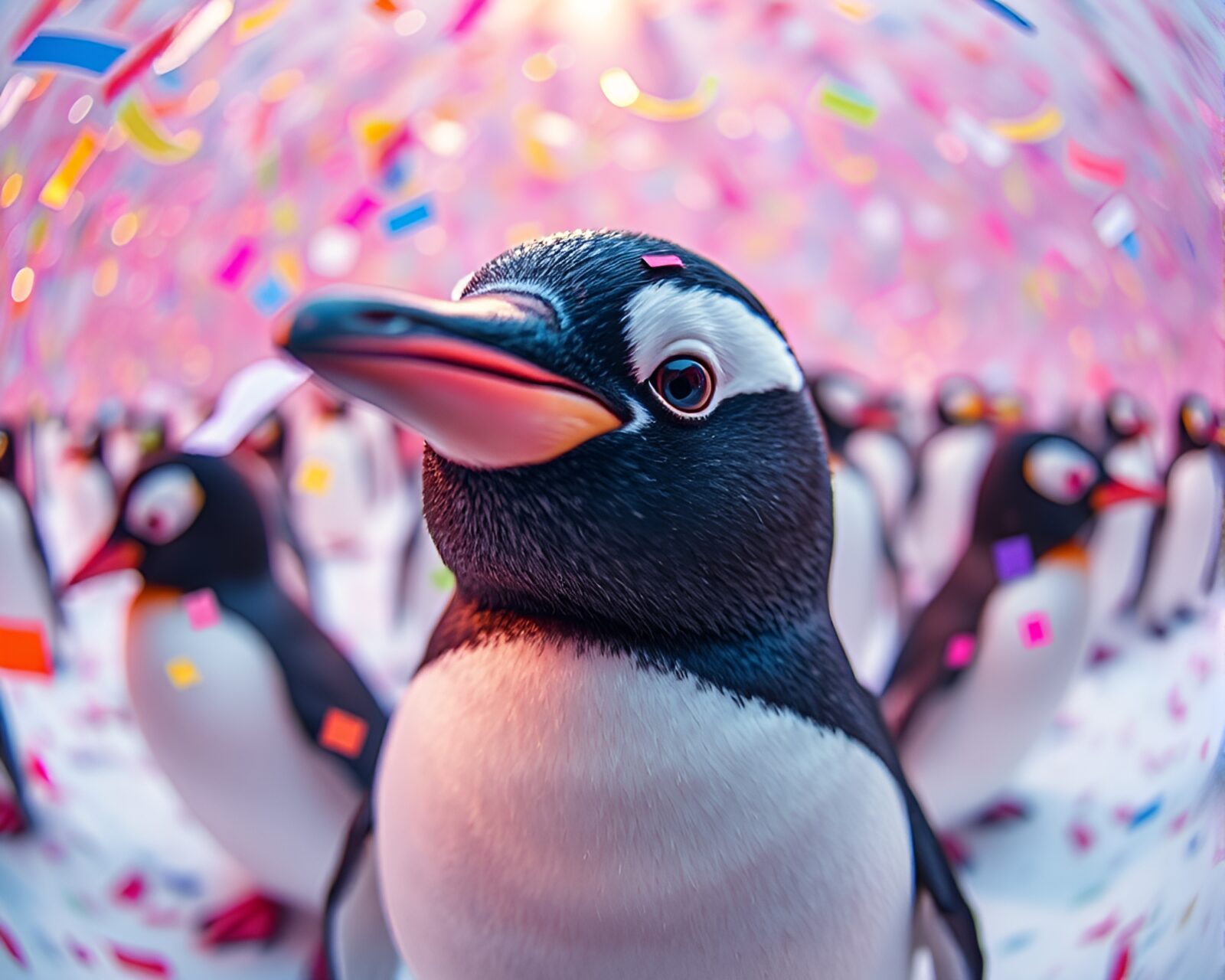 Penguin surrounded by colorful confetti under fisheye lens