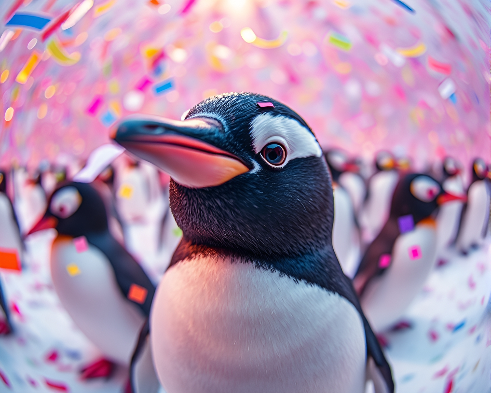 Penguin Parade: Confetti Burst in Fisheye Macro View – free AI stock image