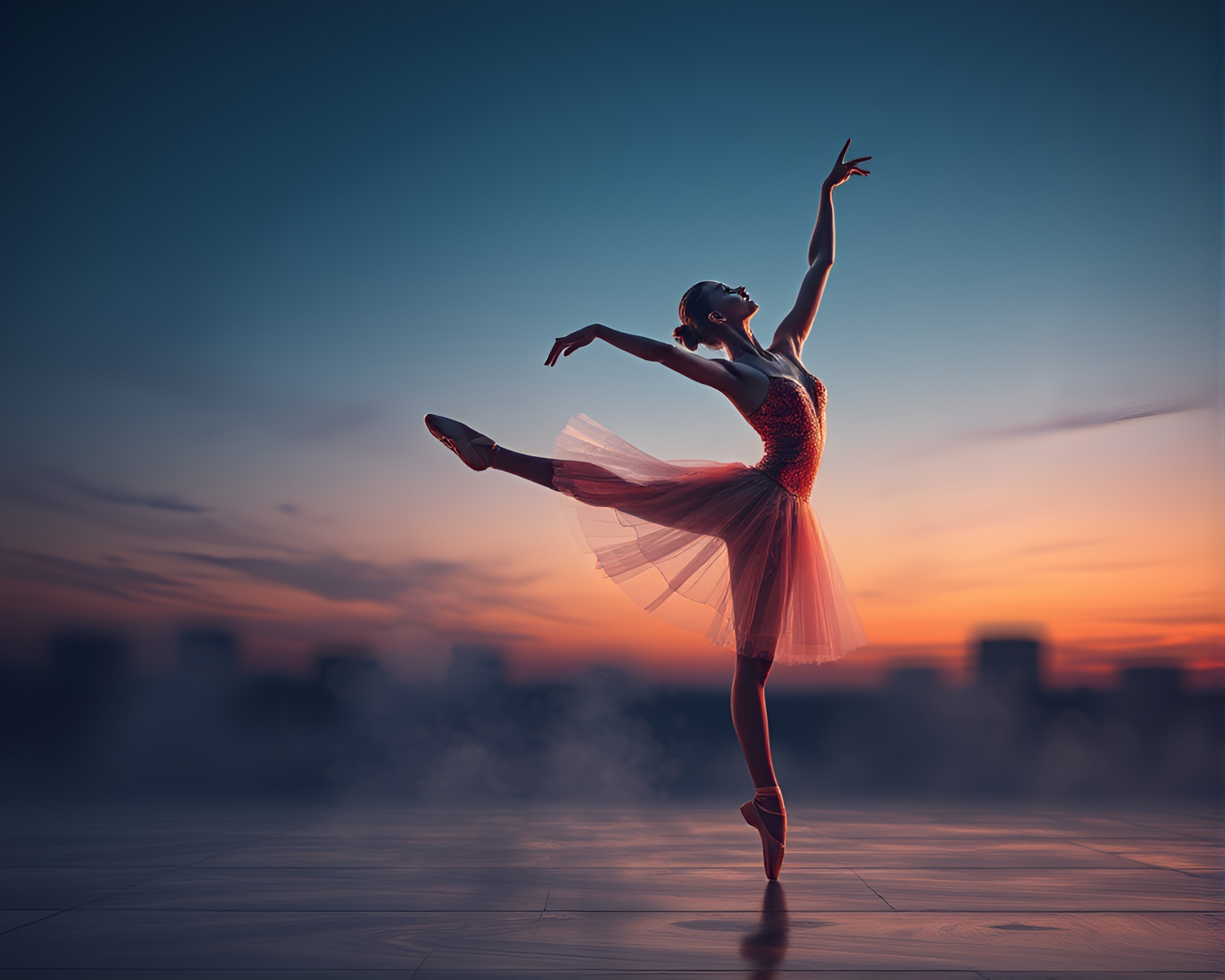 Ballet Dancer Double Exposure at Twilight – free AI stock image
