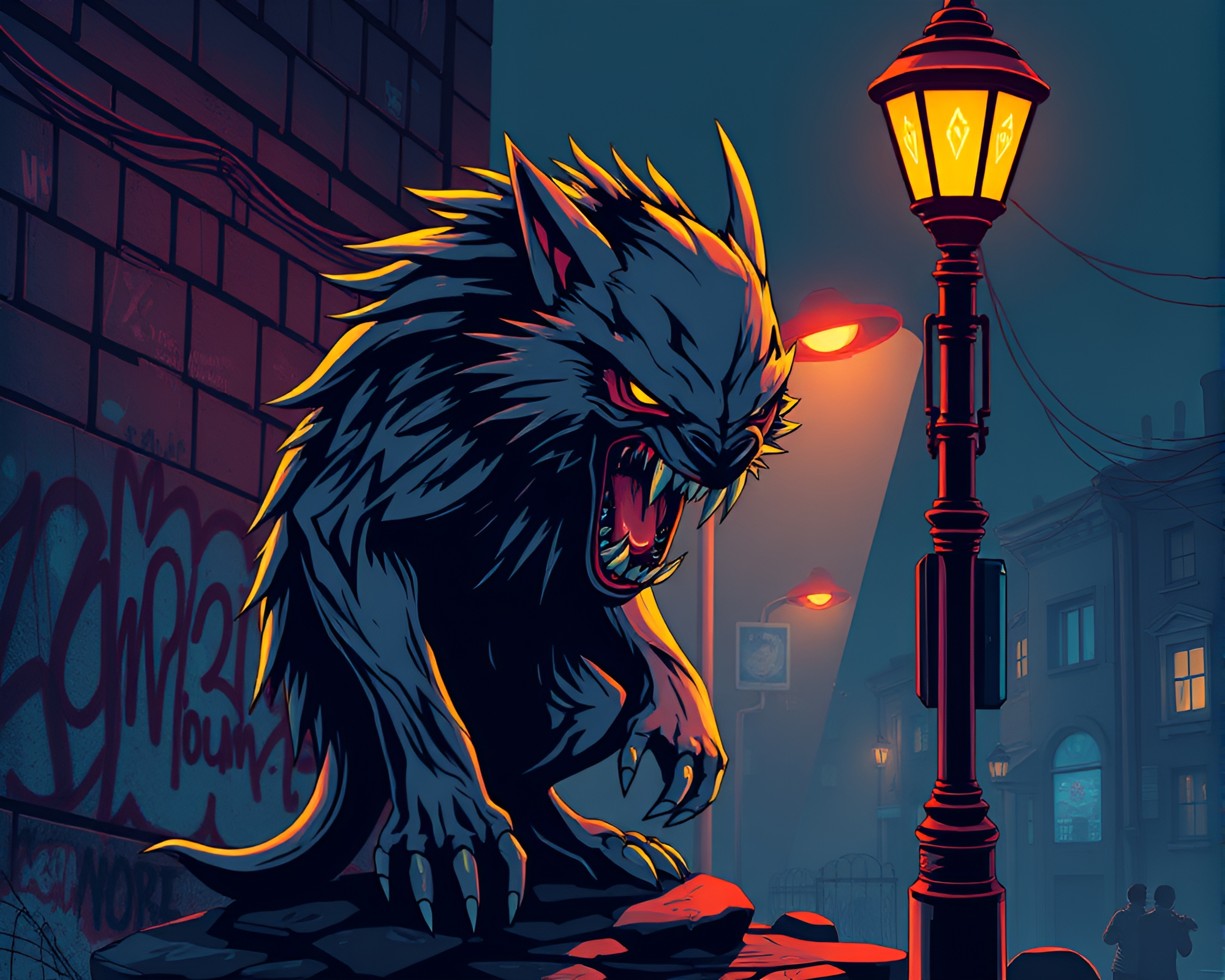 Graffiti Dripping Werewolf in Isometric Streetlamp Glow – free AI stock image