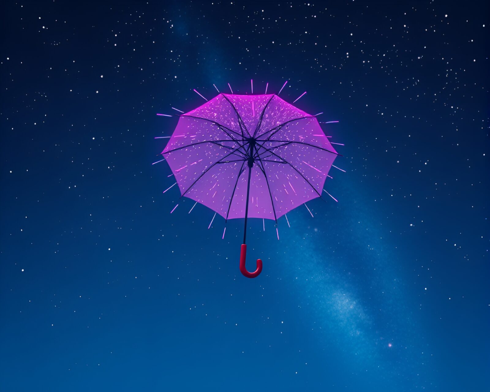 Isometric illustration of umbrella with zoom burst effect under starry night
