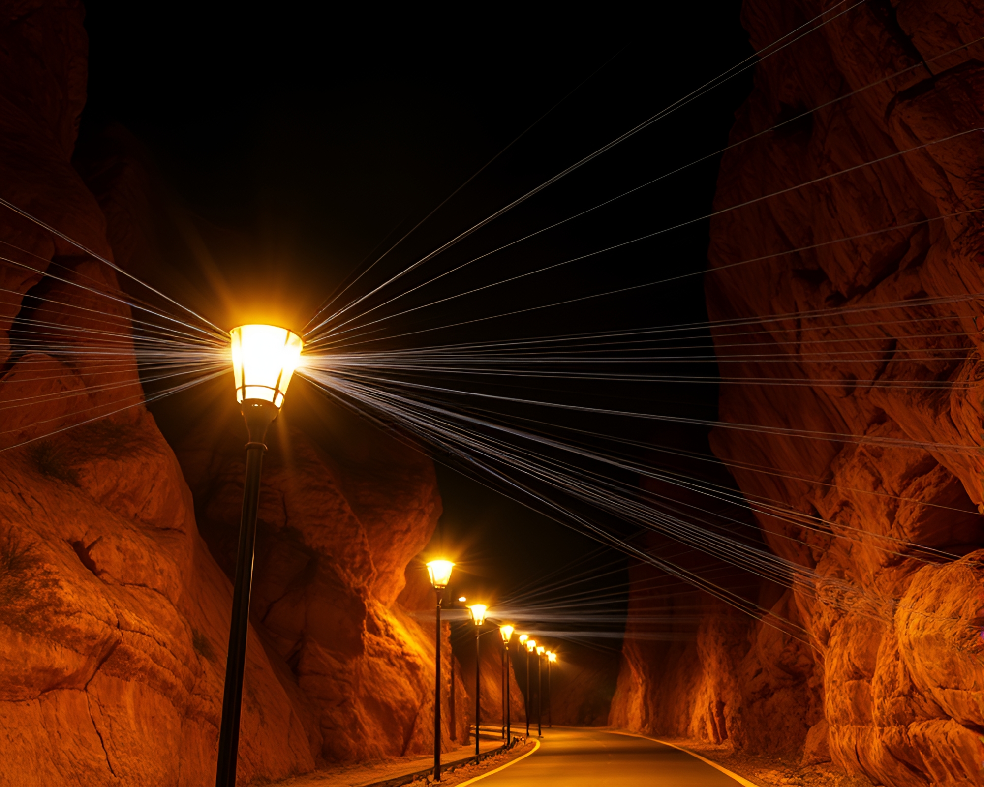 Fiber Optics Canyon Streetlamp Glow Data Visualization – free AI stock image