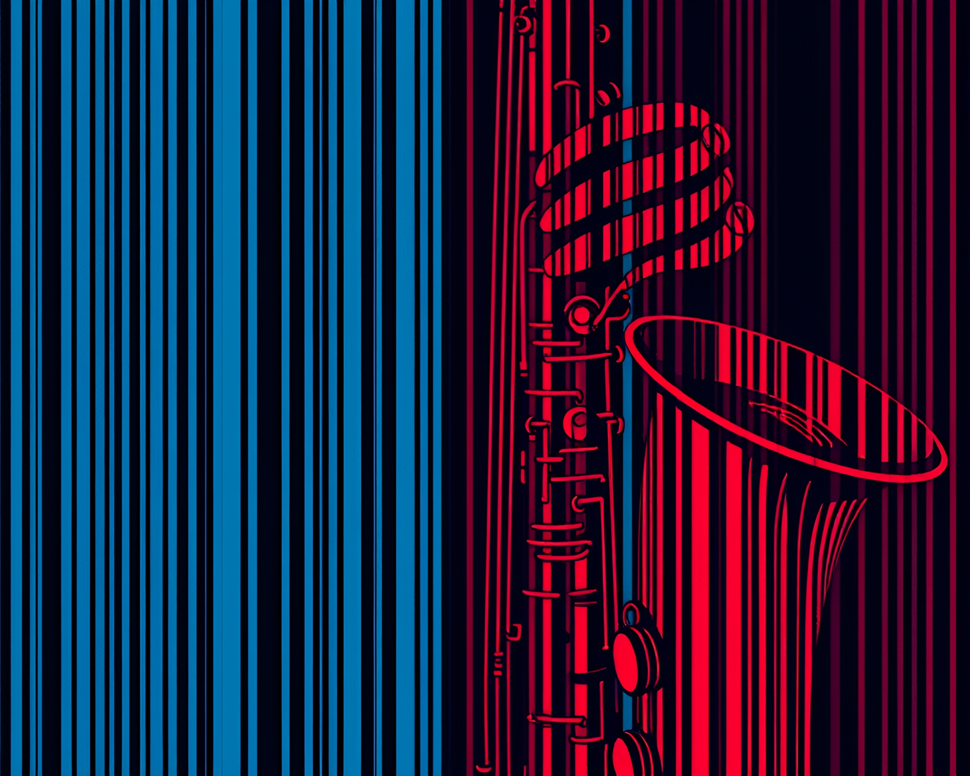 Saxophone Barcode: Red-Blue Duotone Tattoo Flash Art – free AI stock image