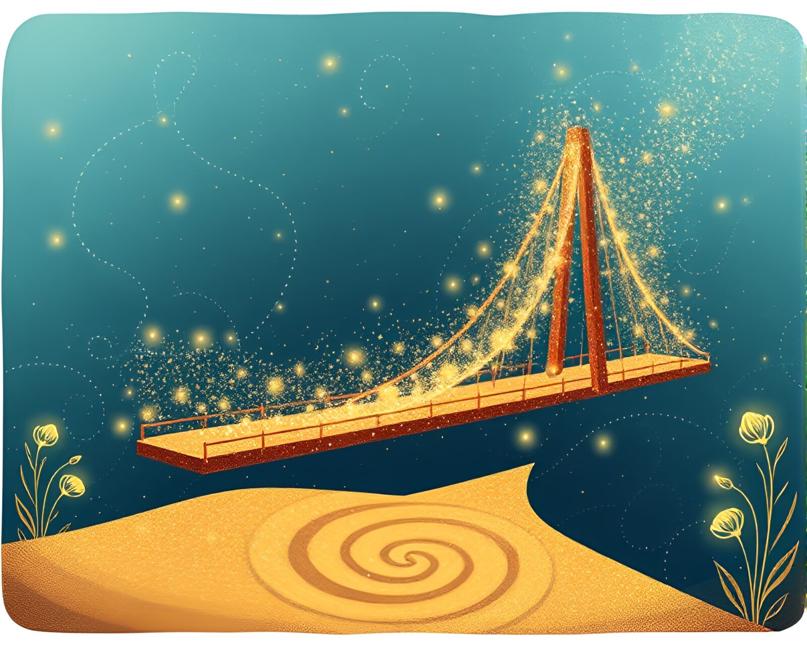 Illuminated suspension bridge surrounded by intricate sand patterns