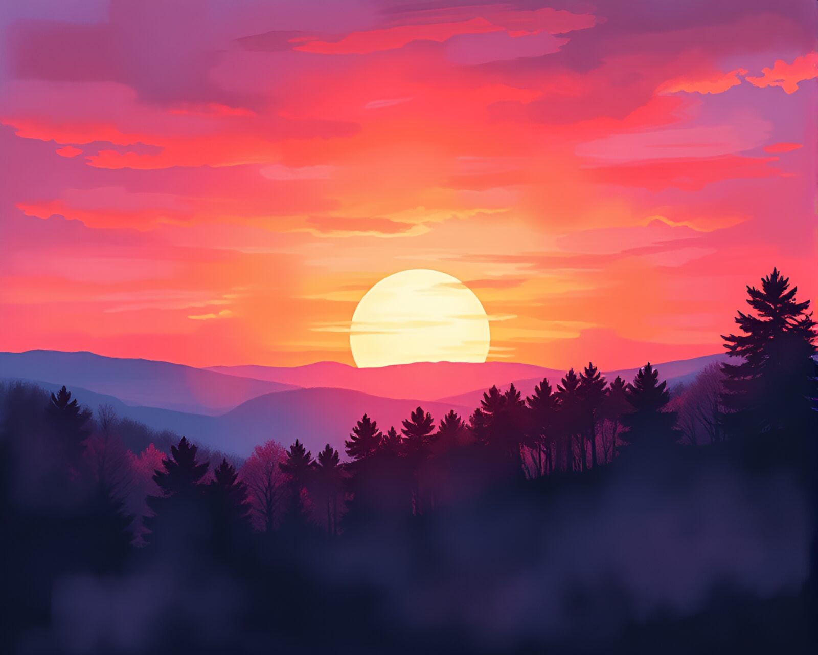 Surreal sunset scene with intricate fractal patterns in painting