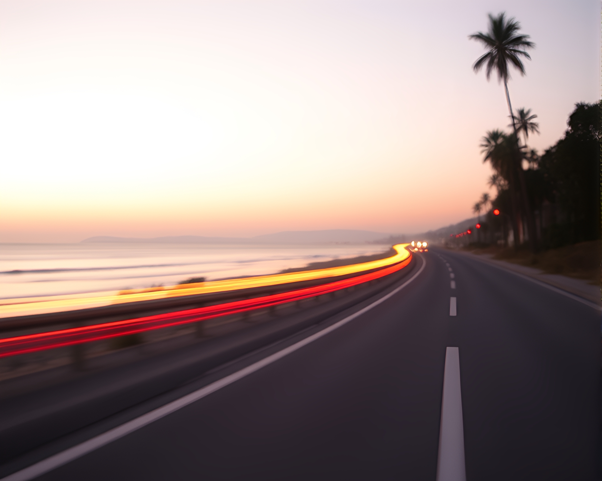 Summer Beach Data Visualization with Car Light Trails – free AI stock image