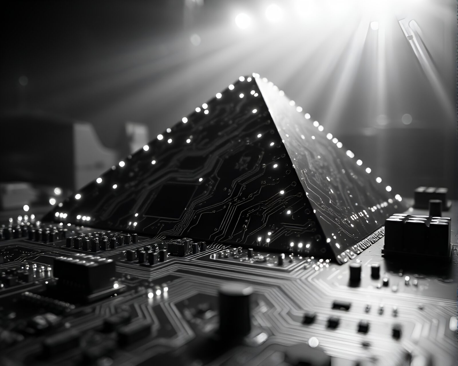 Abstract art of circuit board traced pyramid in carnival lights