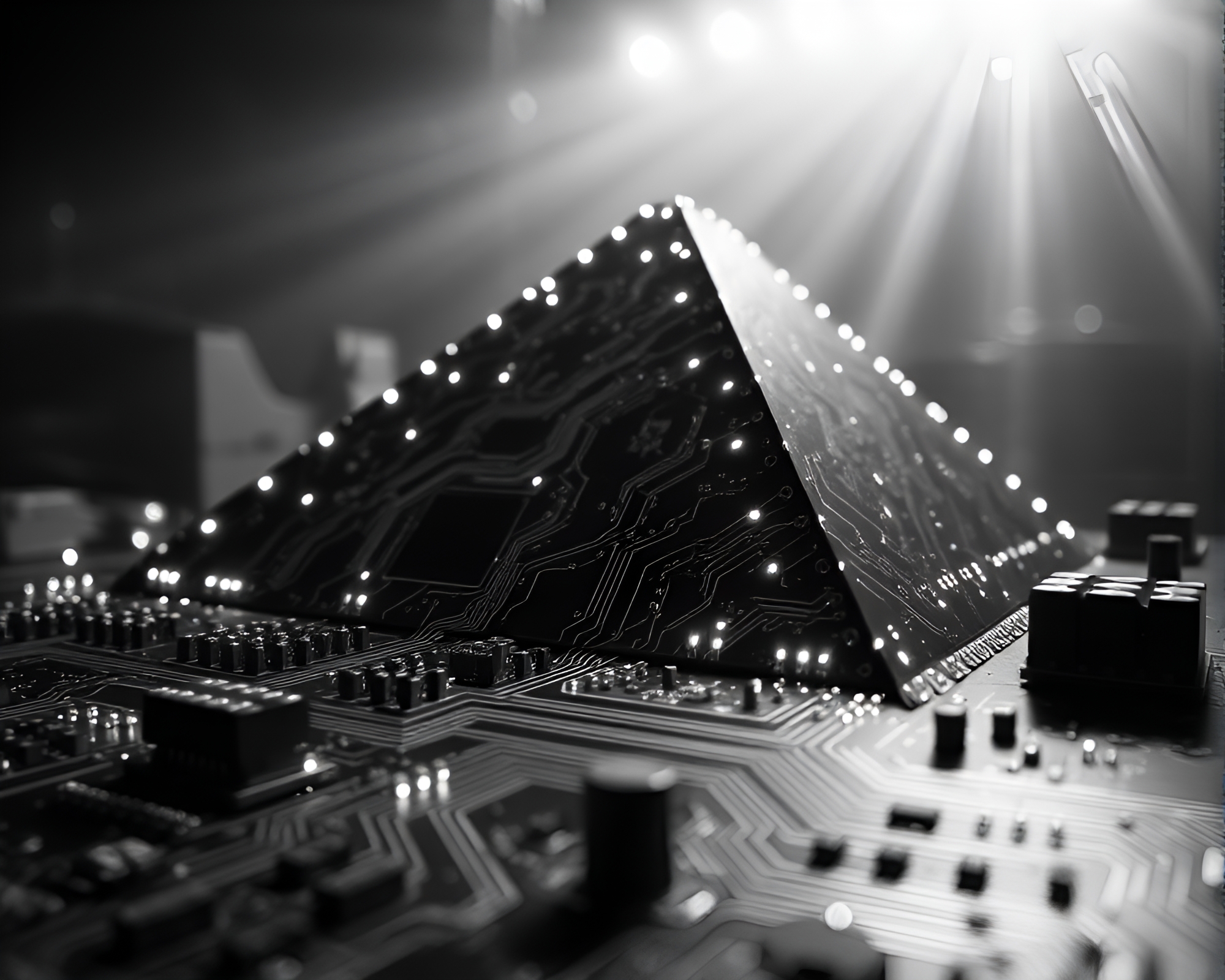 Monochrome Pyramid Illuminated by Circuit Board Lights – free AI stock image