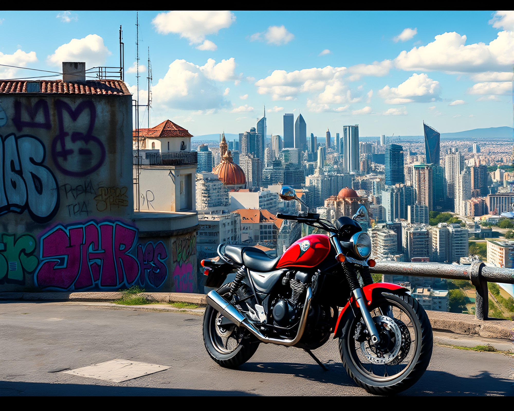 Urban Motorcycle Panorama in Graffiti Hues – free AI stock image