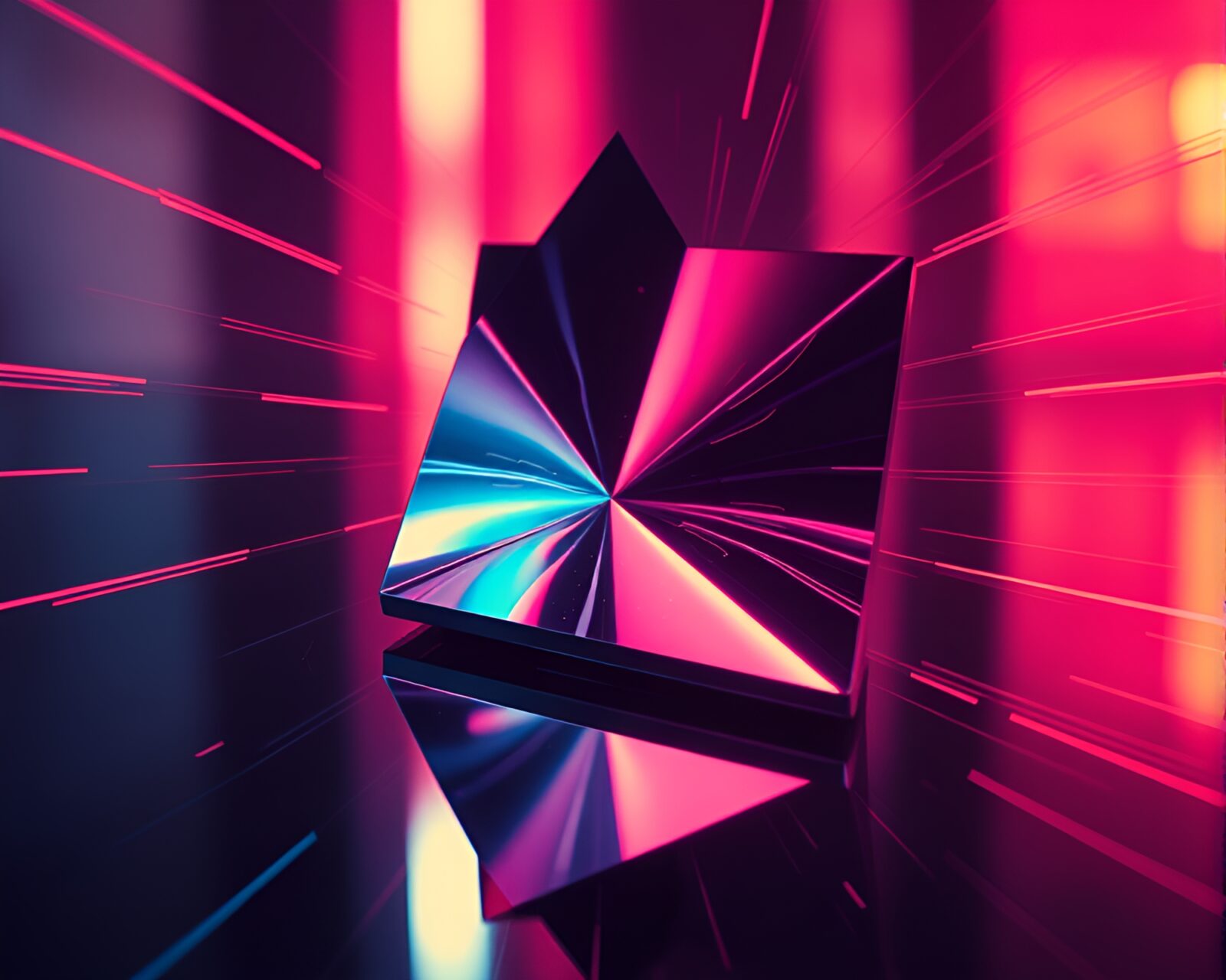 Shattered mirror reflecting quantum teleportation device in retro colors