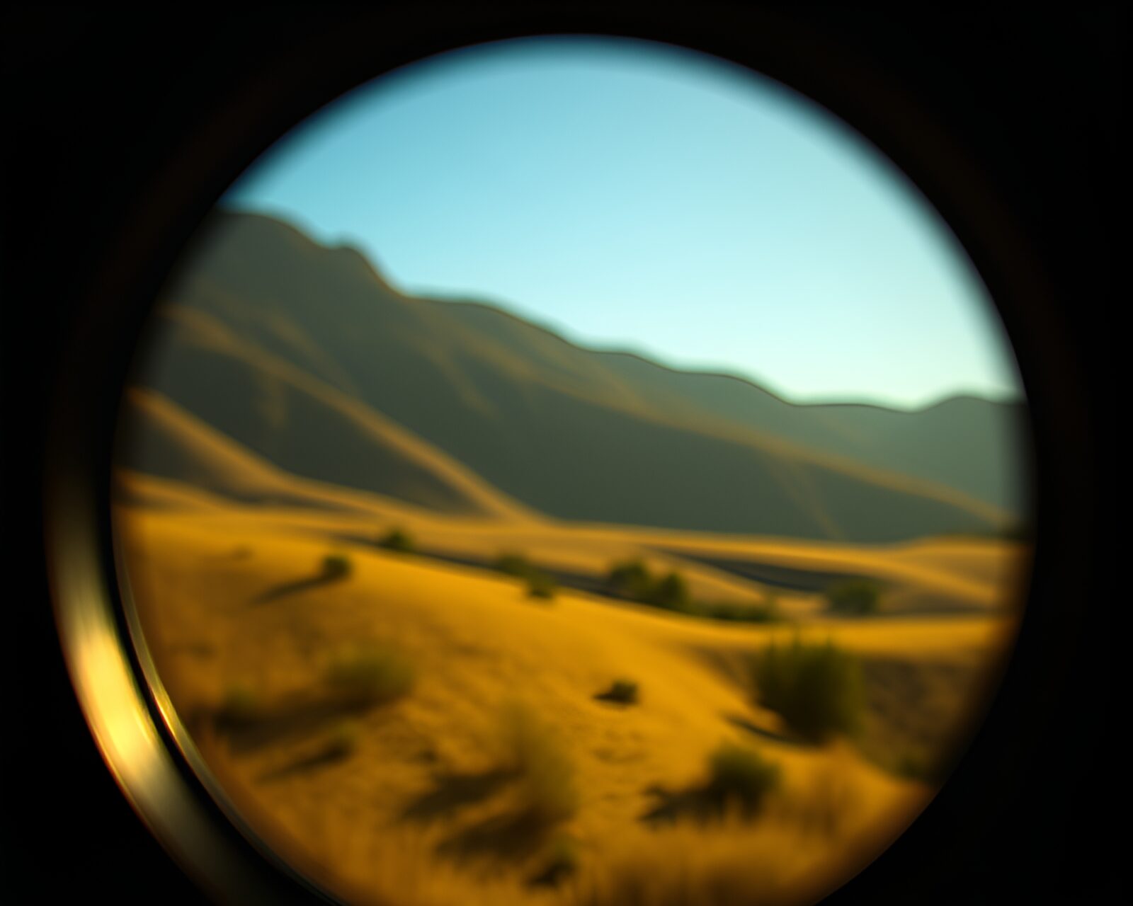 A serene valley with bronze patina hues and lens vignette lighting.