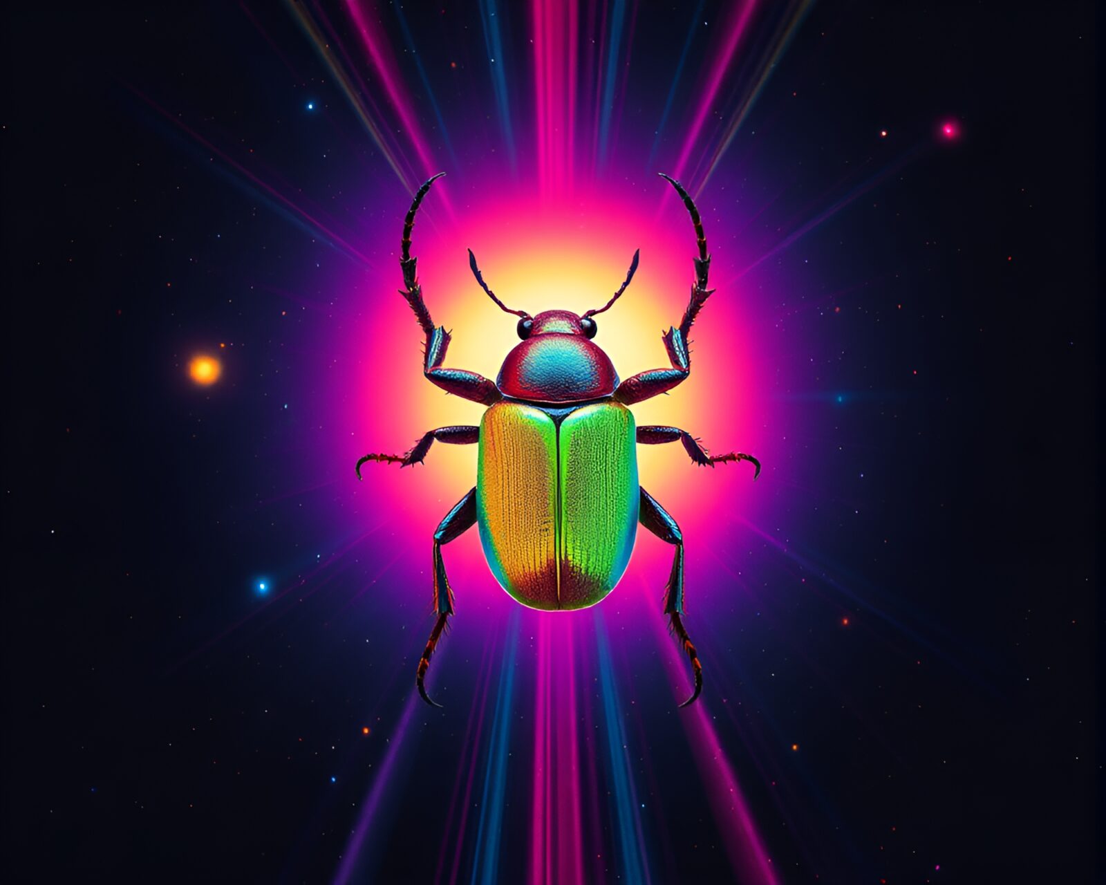 A rainbow cosmic beetle in a cross-processed setting.