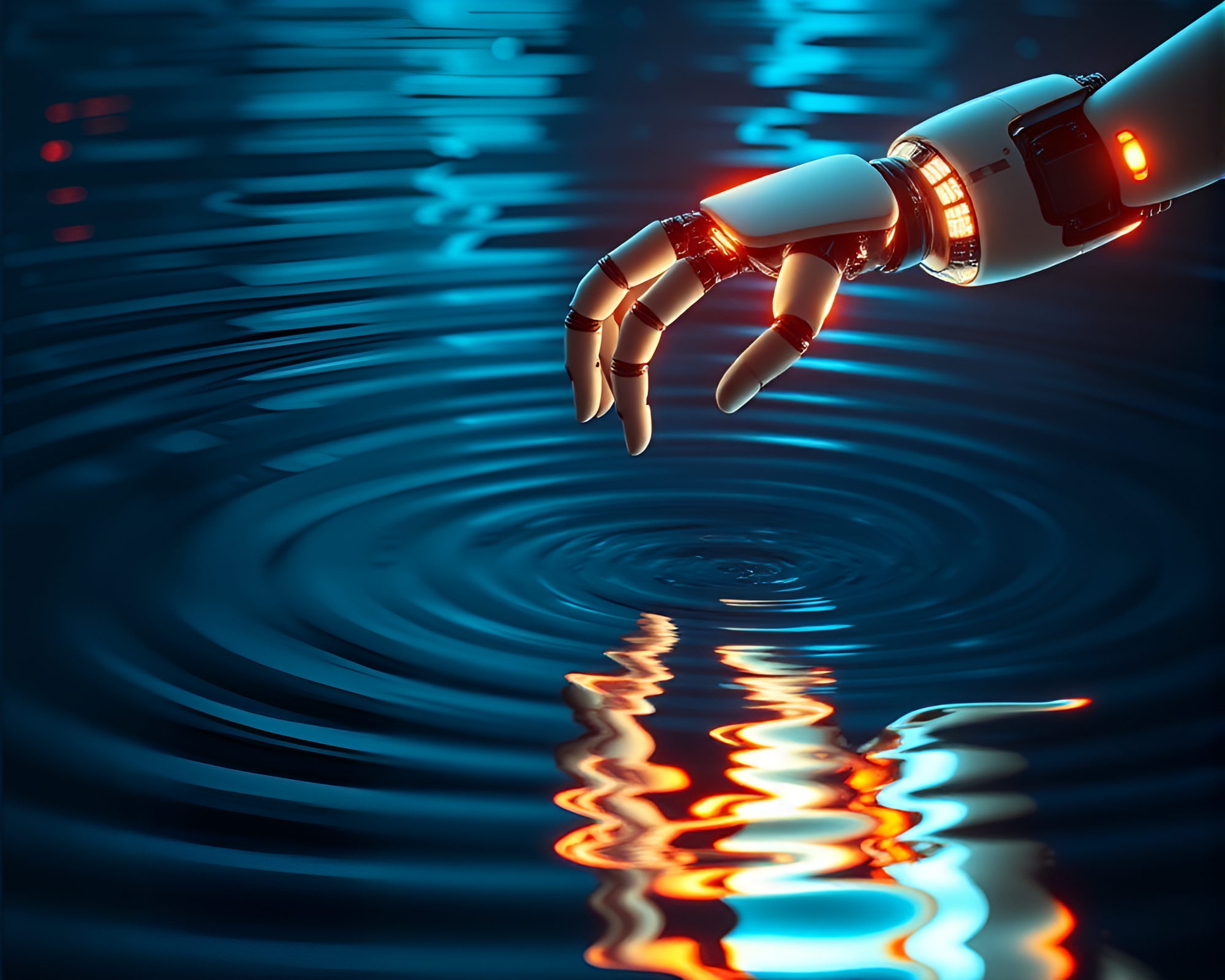 Robotic Arm amidst Fluorescent Water Ripples Collage – free AI stock image