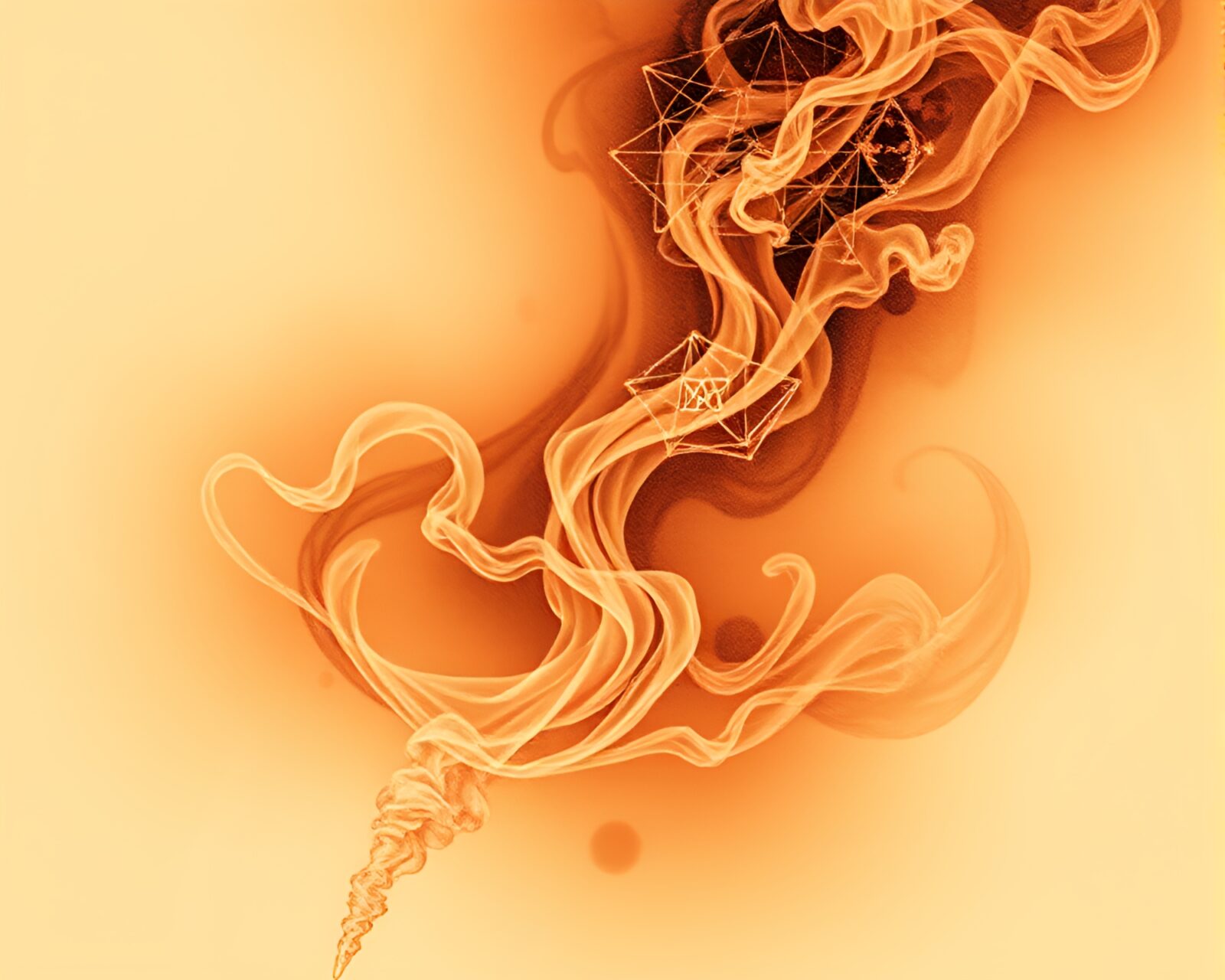 Intricate etching of symbolic shapes within peachy smoke swirls