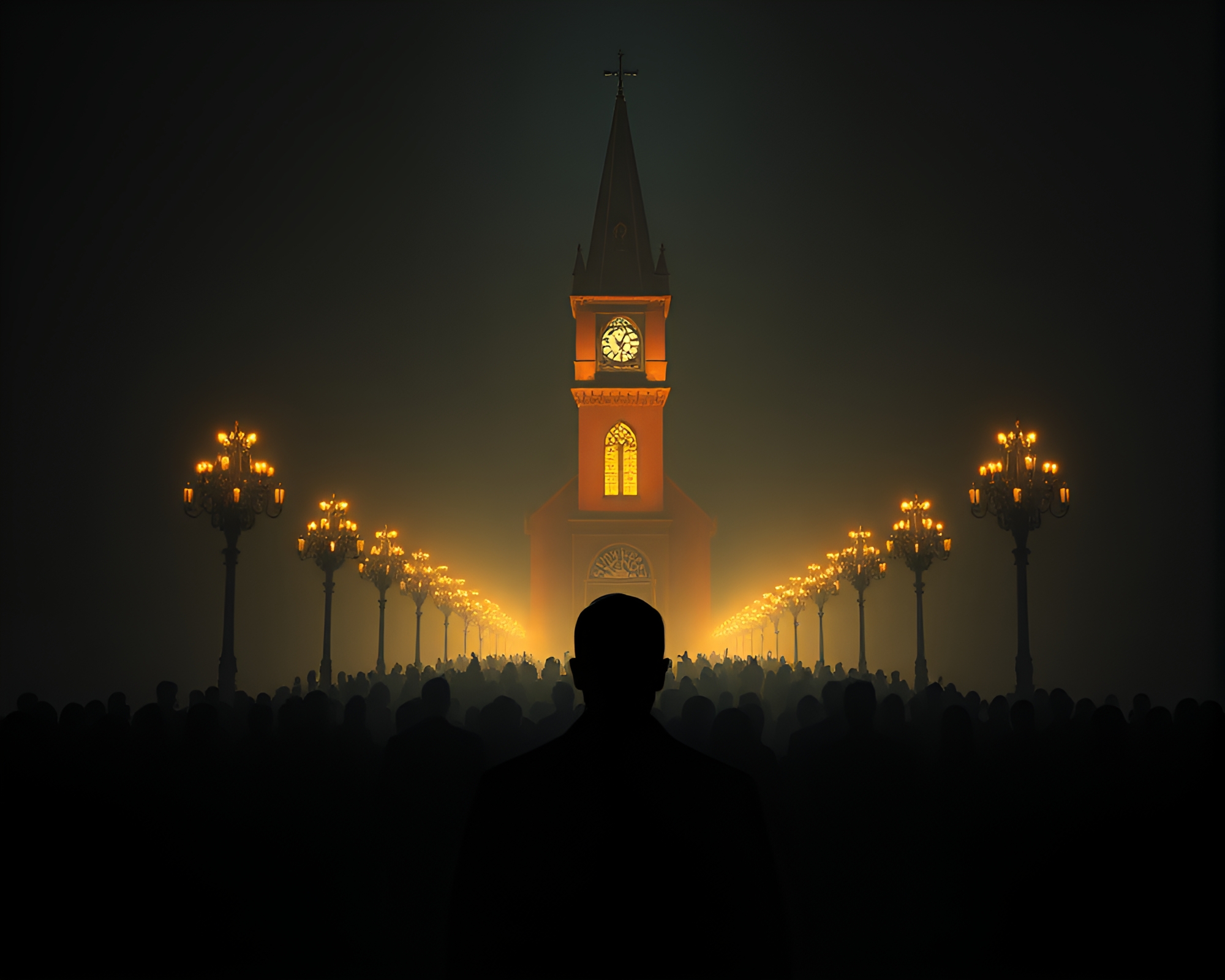 Crowd Silhouette in Church Mirror Maze – free AI stock image